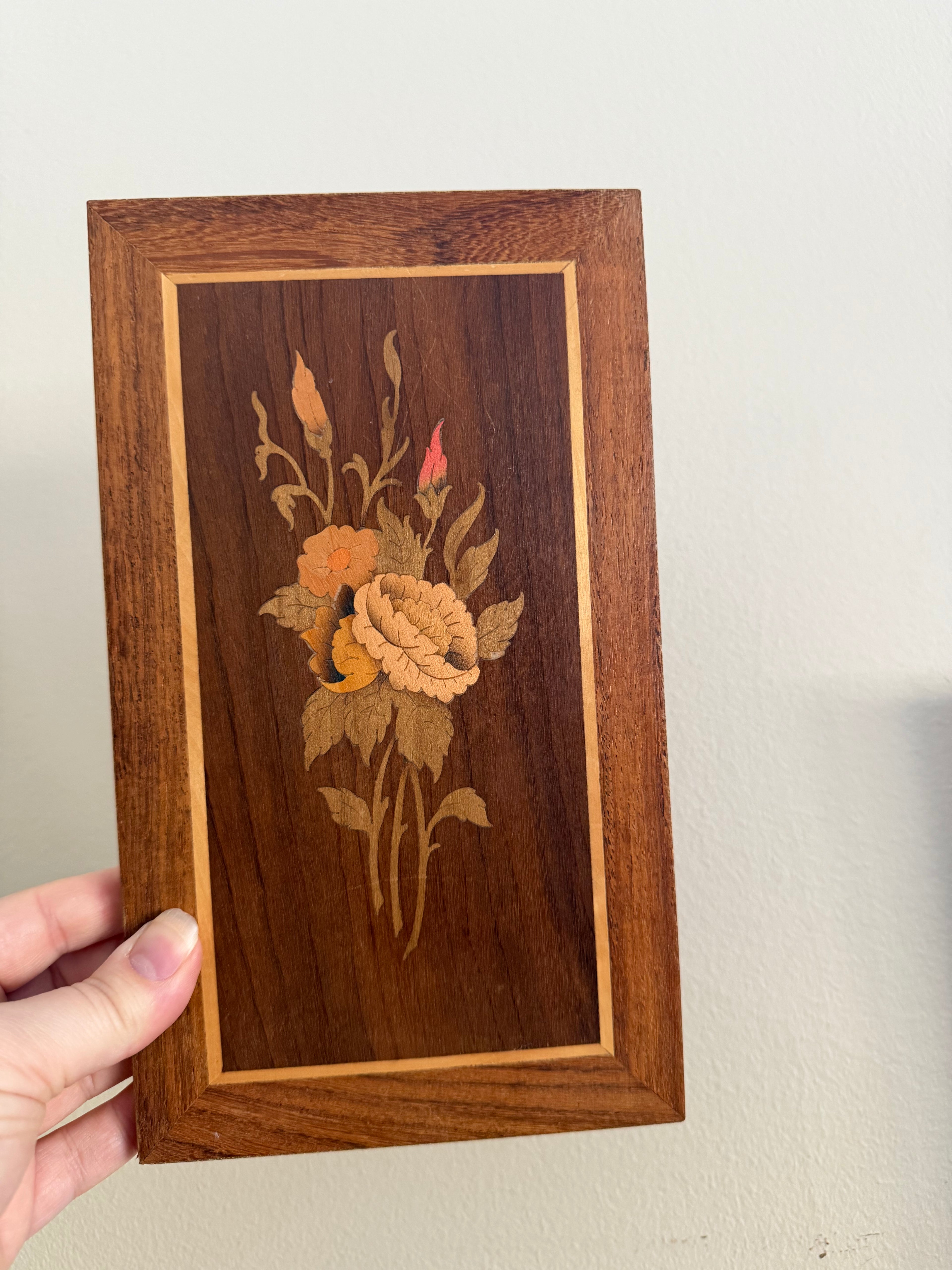 Set of 2 Italian Marquetry Wood Inlay Floral  Wall Panels