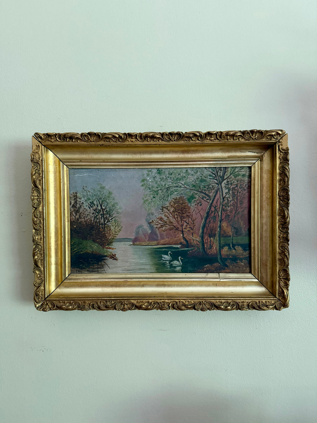 Antique River Swan Oil Painting