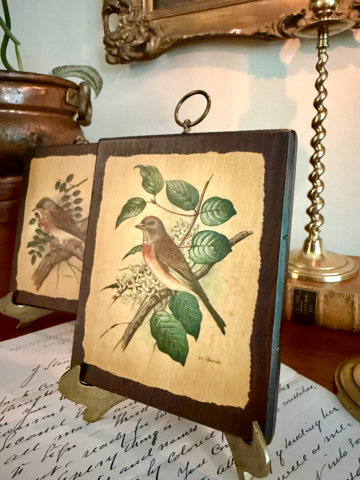 P.H. Gonner Birds on Wood Plaque w/ Brass Wall Hangers