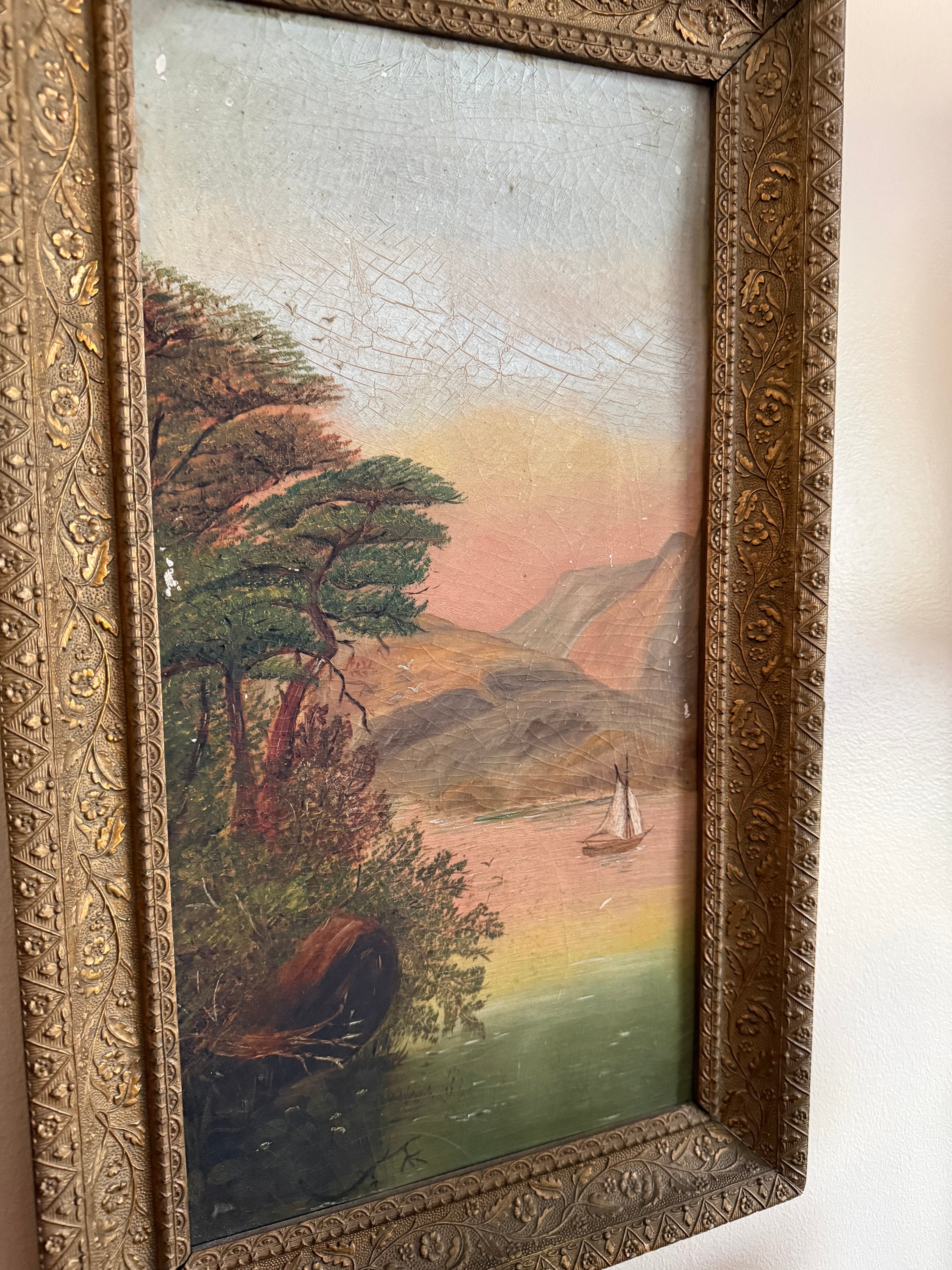 Antique Oil on Board Sunset Landscape