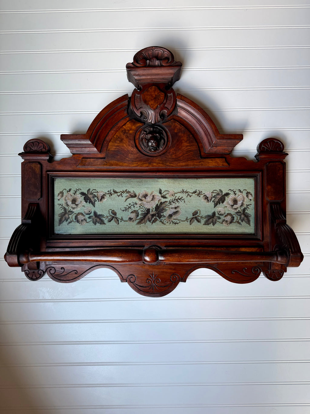 Victorian Towel Rack with Bead Work and Lion Head