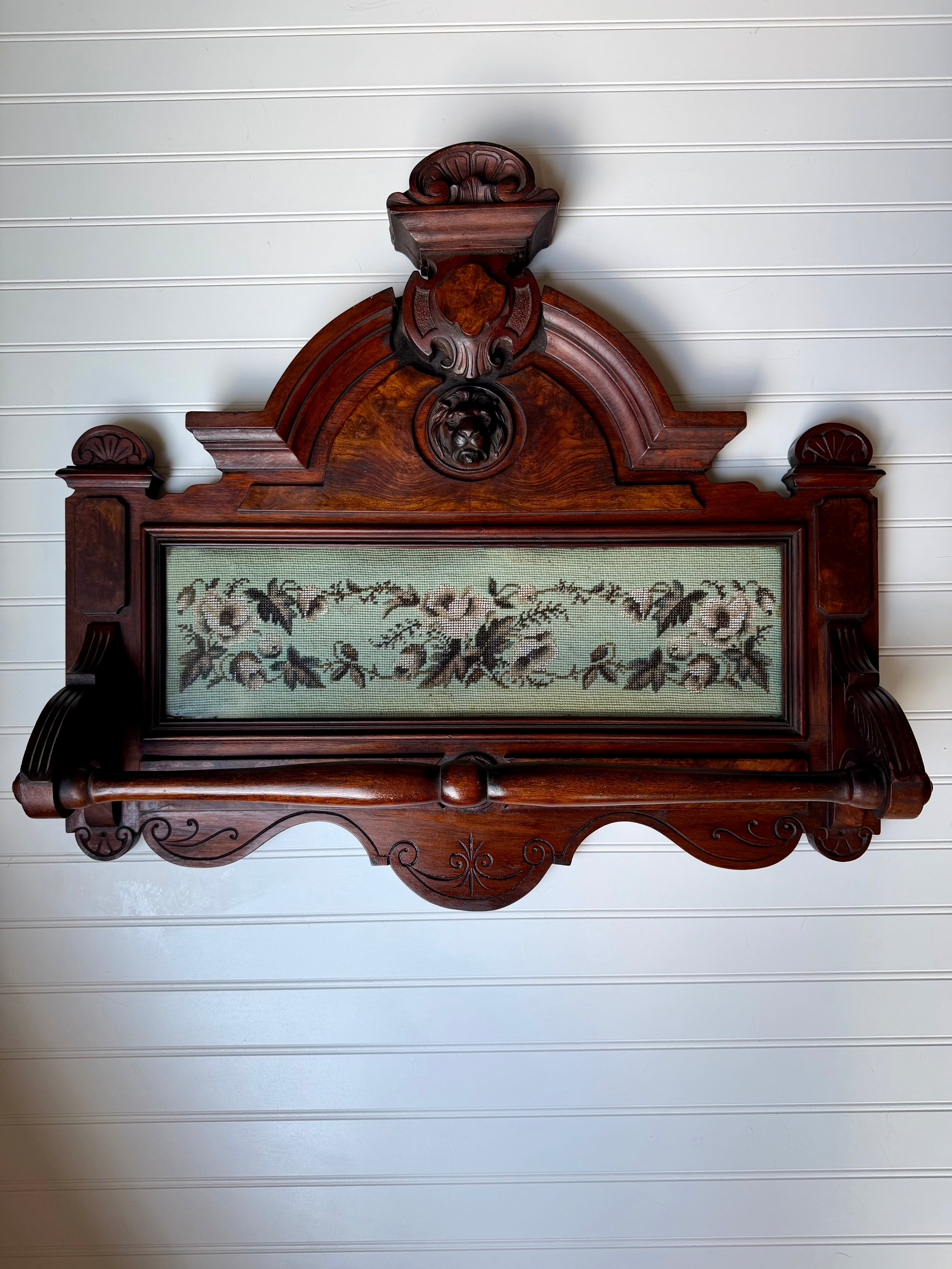 Victorian Towel Rack with Bead Work and Lion Head