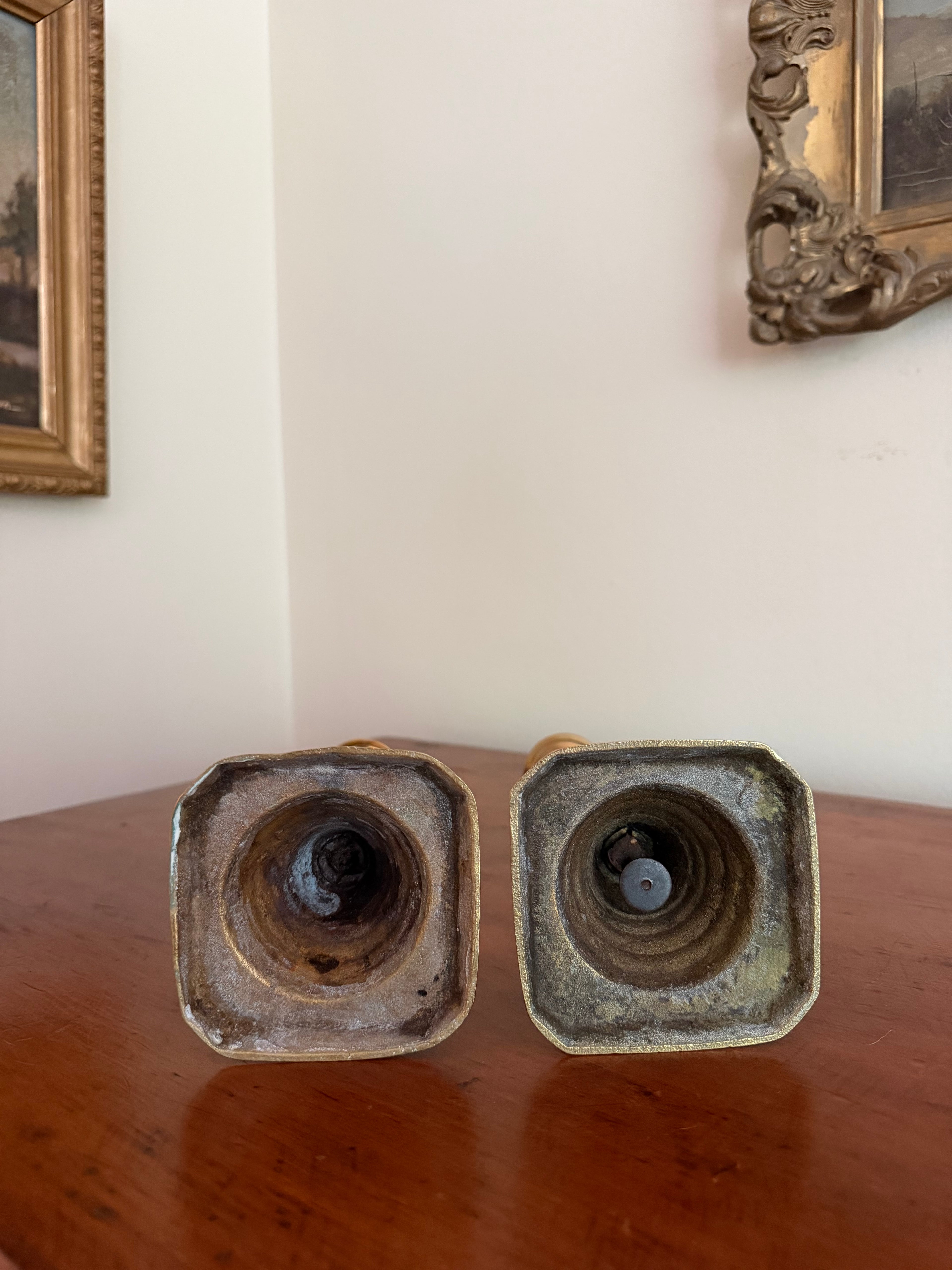 Set of 2 Antique Brass English Candle Holders