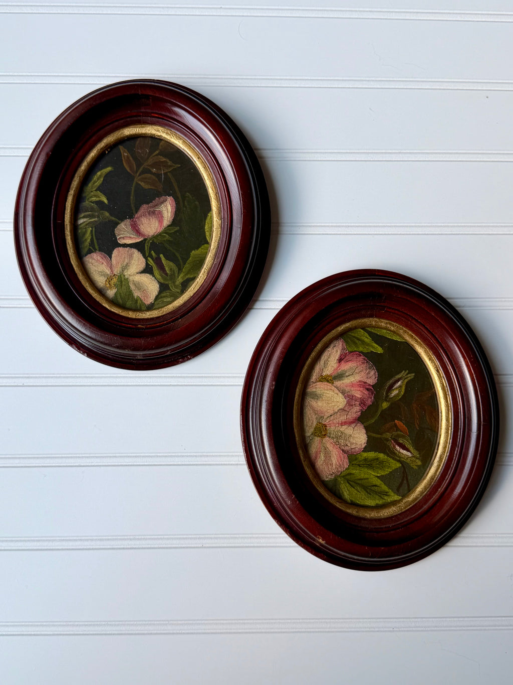 Set of 2 Oval Oil Downsized Floral Paintings