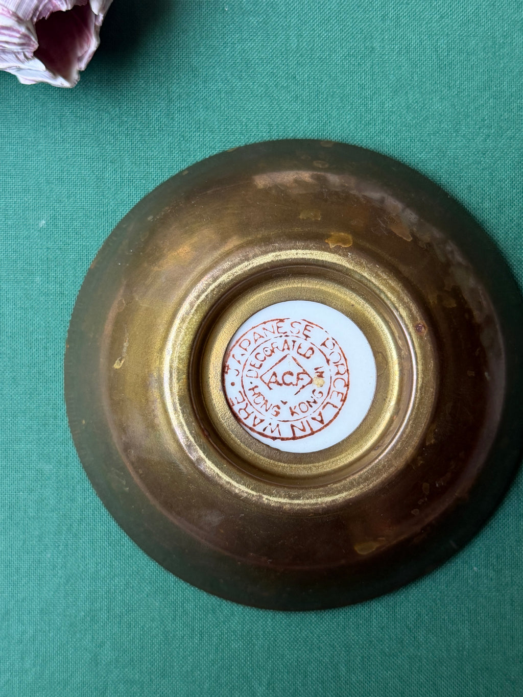 Hand Painted Brass Encased Japanese Porcelain Shell Bowl