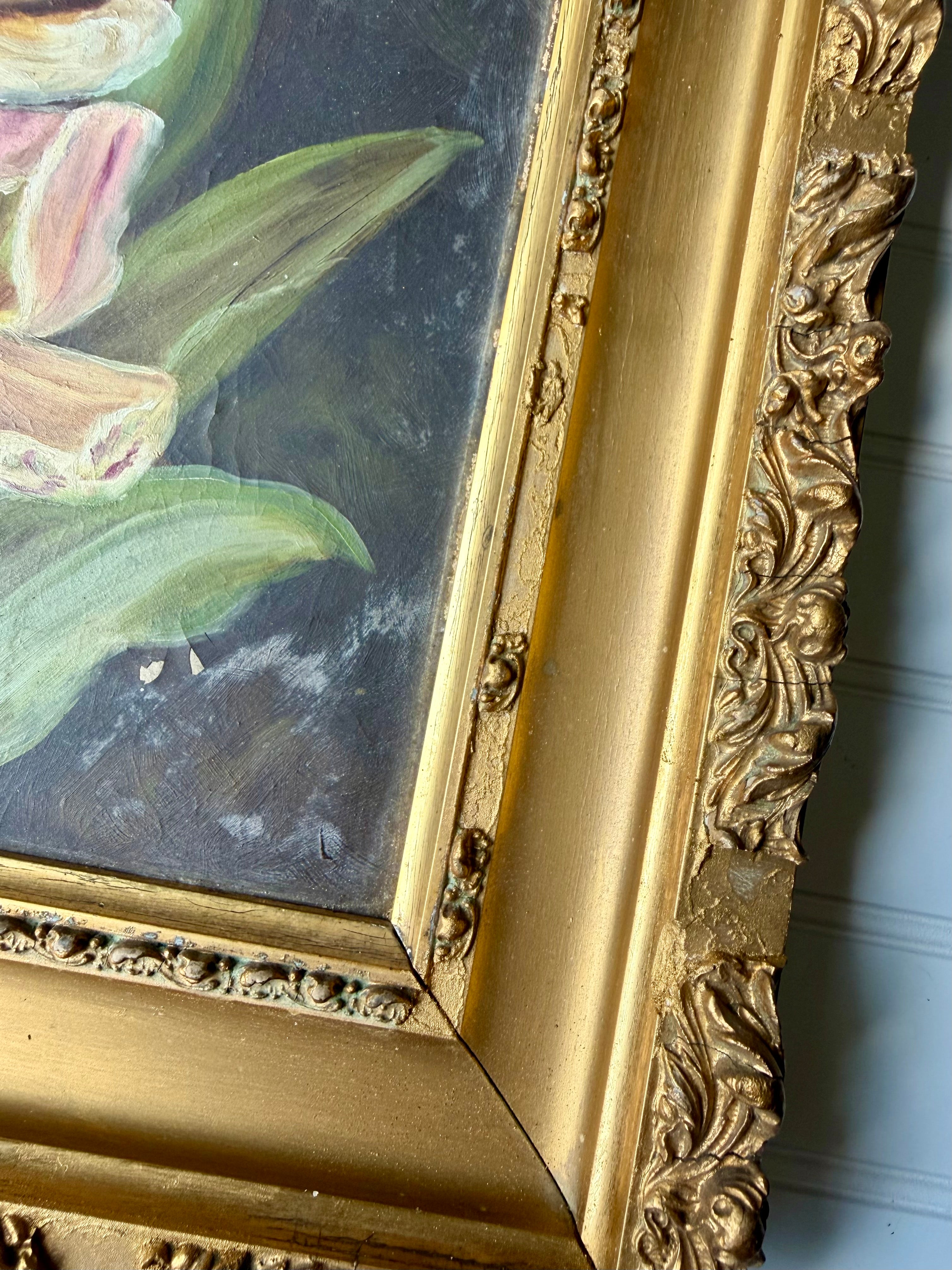 Antique Oil on Board featuring Tulips and Paper Whites