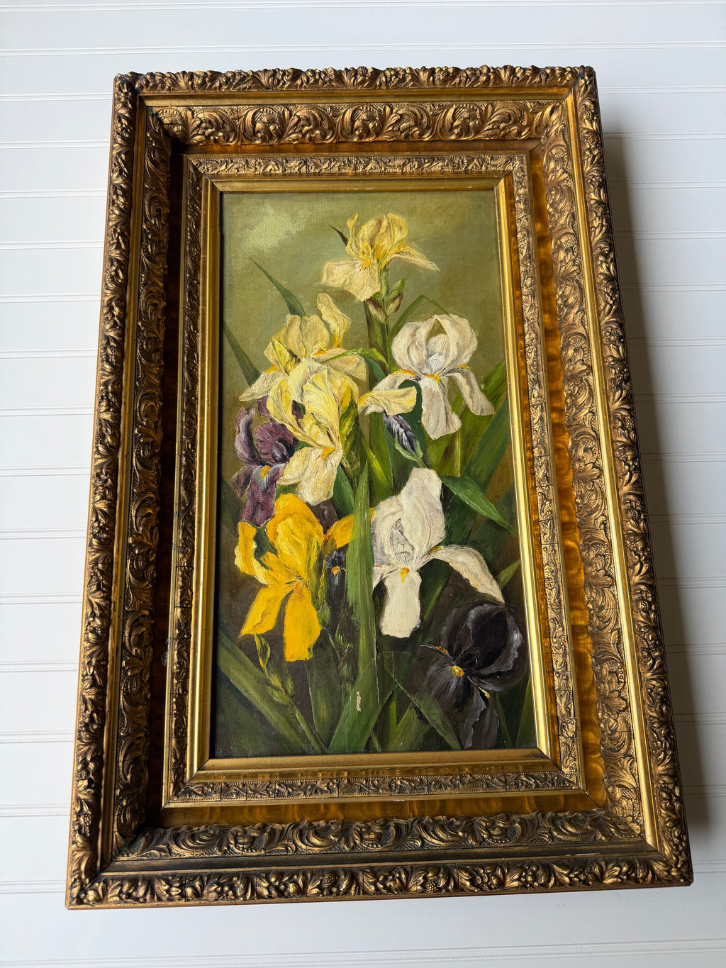 Antique Iris Oil on Canvas in Deep Guilt Frame