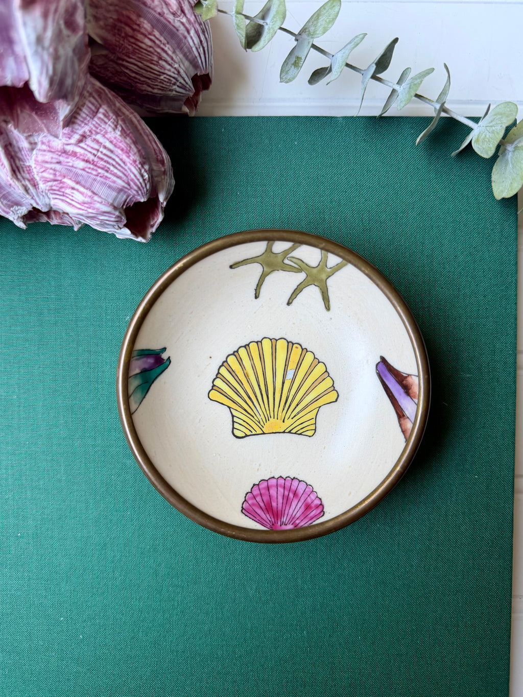 Hand Painted Brass Encased Japanese Porcelain Shell Bowl