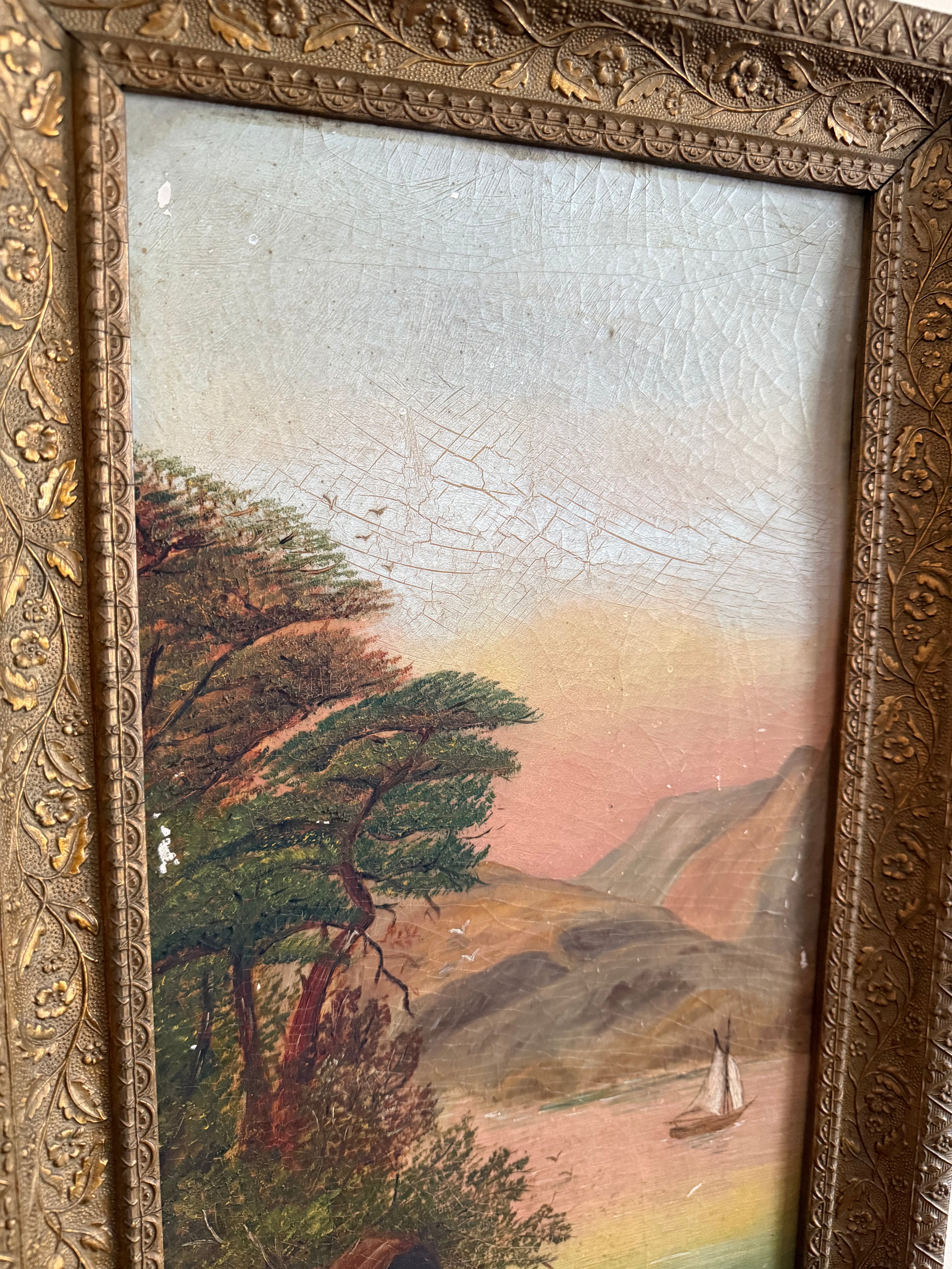 Antique Oil on Board Sunset Landscape