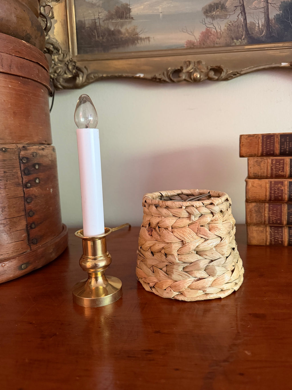Brass Candle Lamp with Seagrass Shade