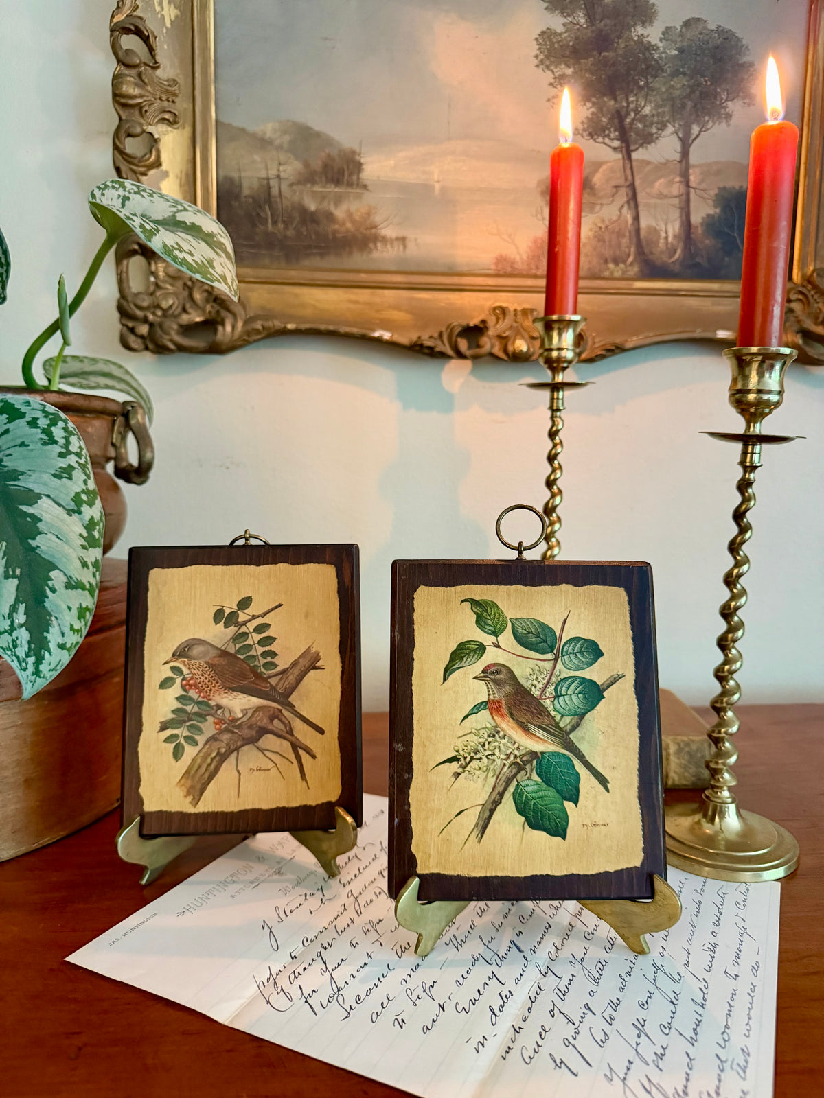 P.H. Gonner Birds on Wood Plaque w/ Brass Wall Hangers