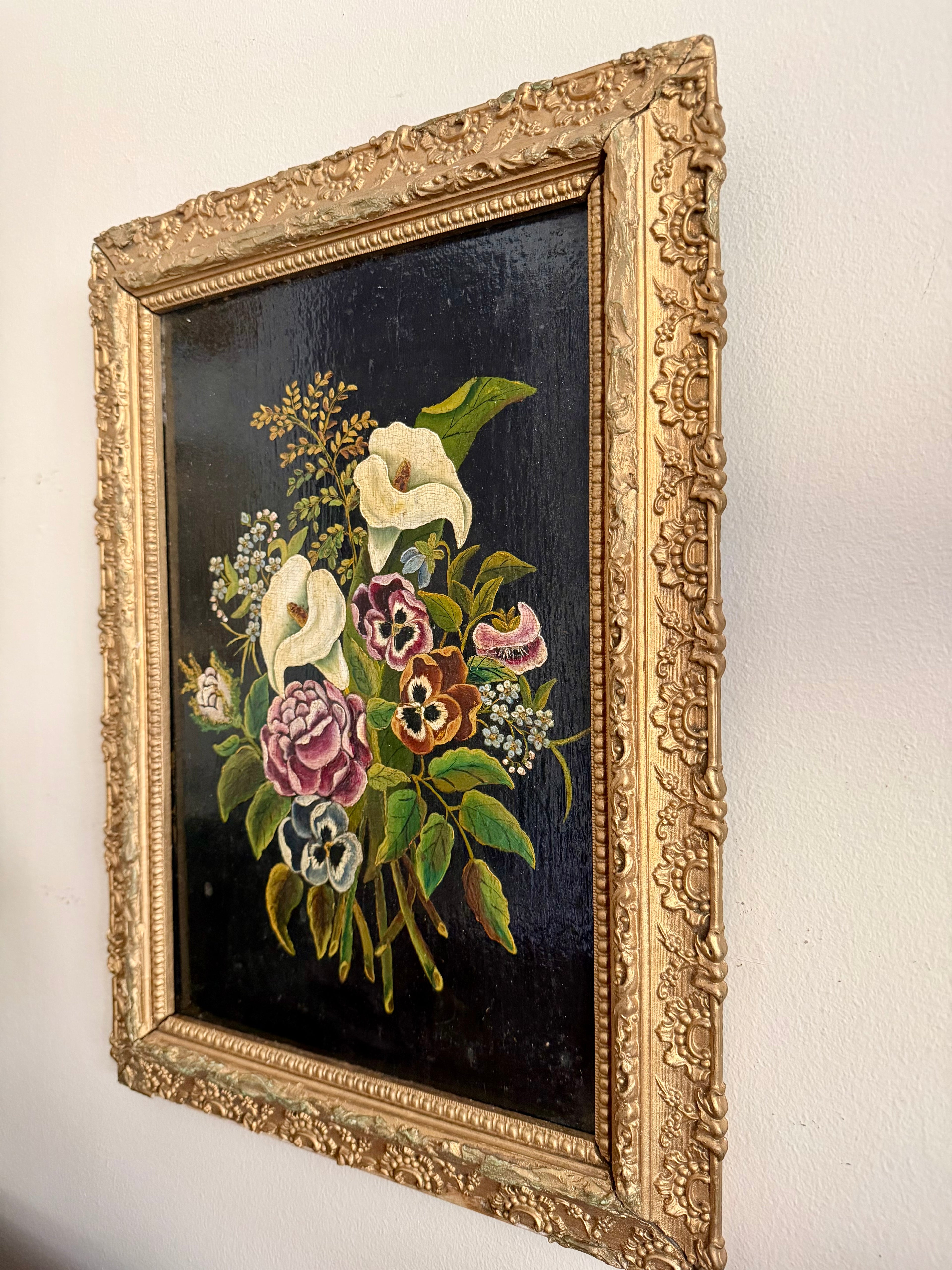 Antique Floral Painting on Wood with Lillies