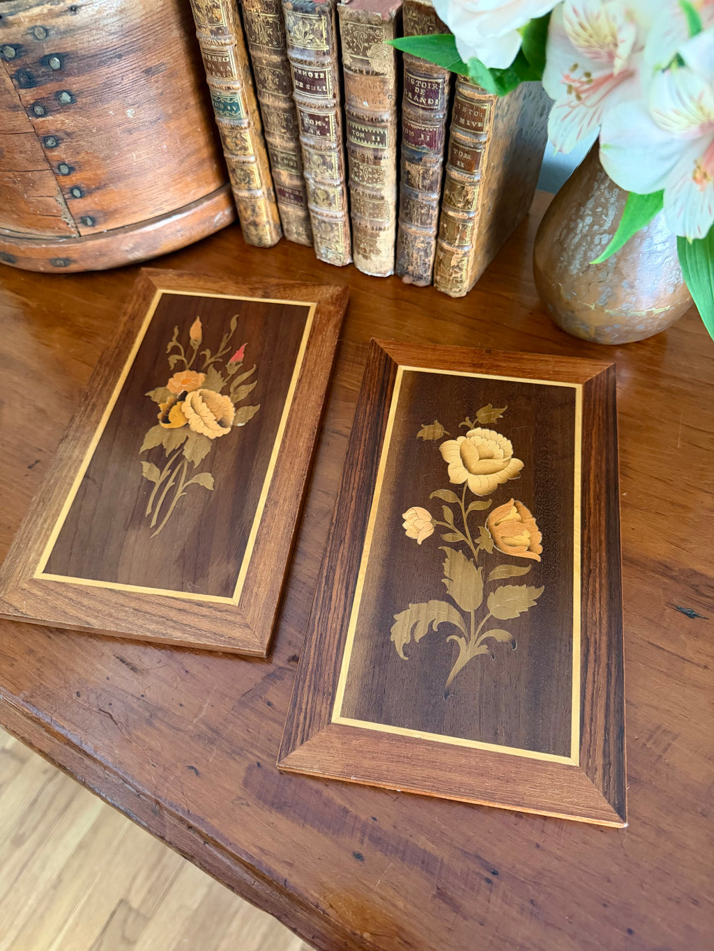 Set of 2 Italian Marquetry Wood Inlay Floral  Wall Panels