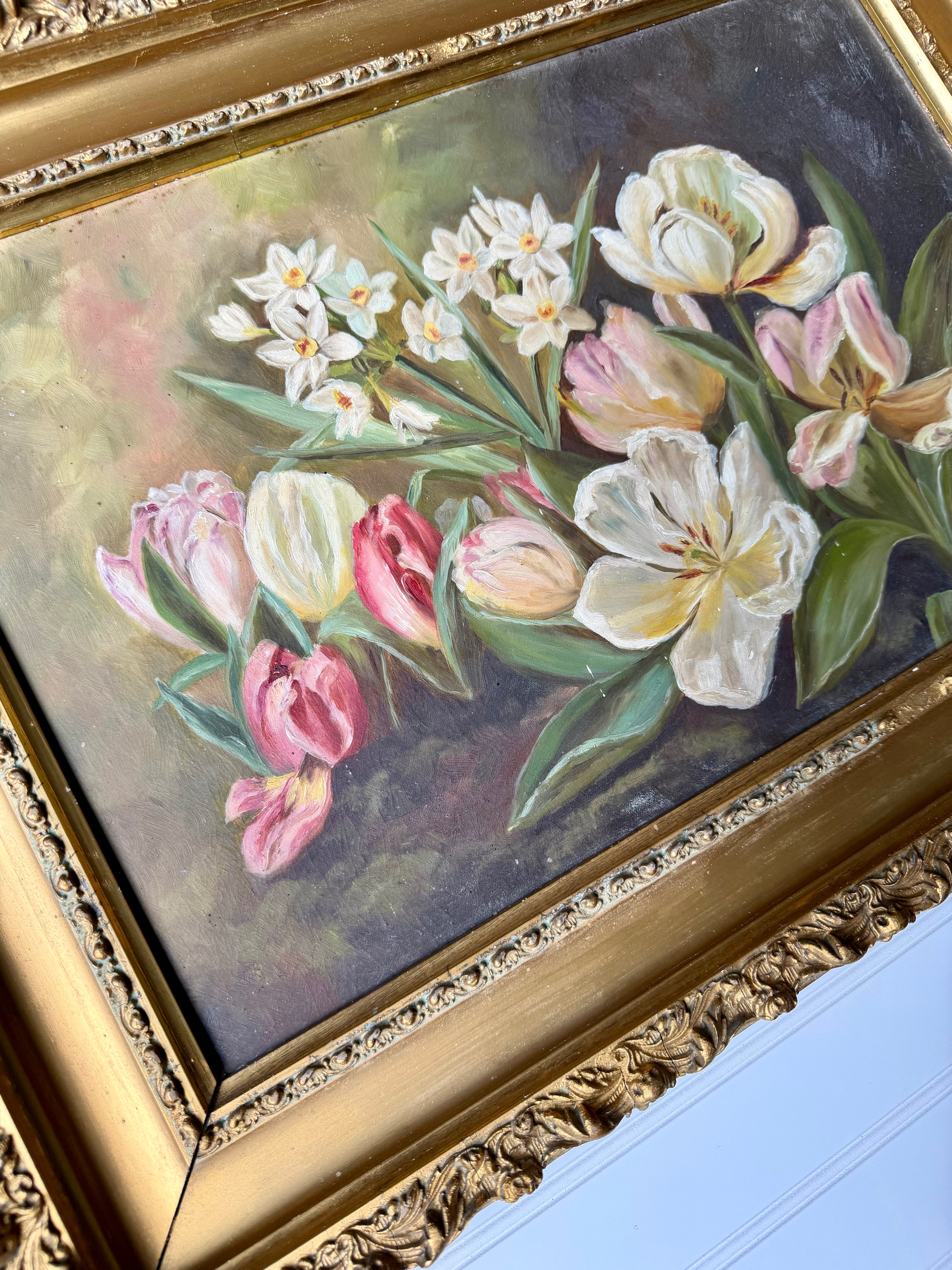 Antique Oil on Board featuring Tulips and Paper Whites