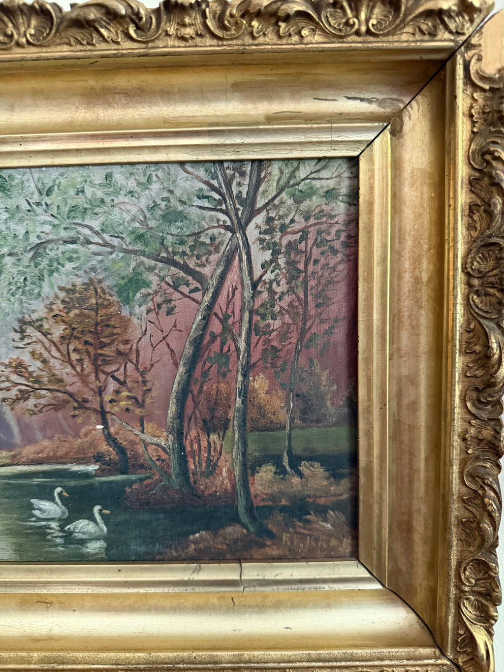 Antique River Swan Oil Painting