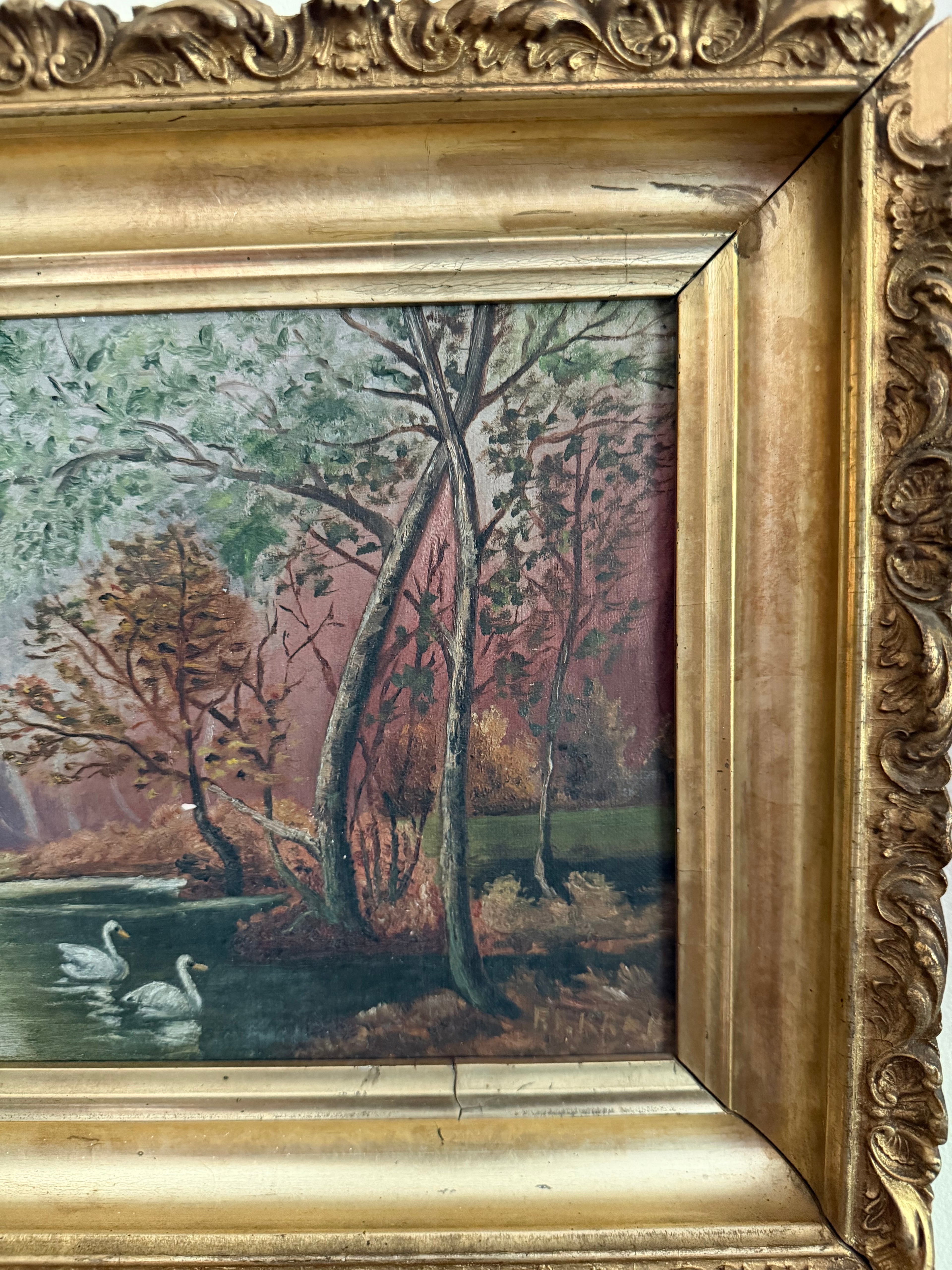 Antique River Swan Oil Painting