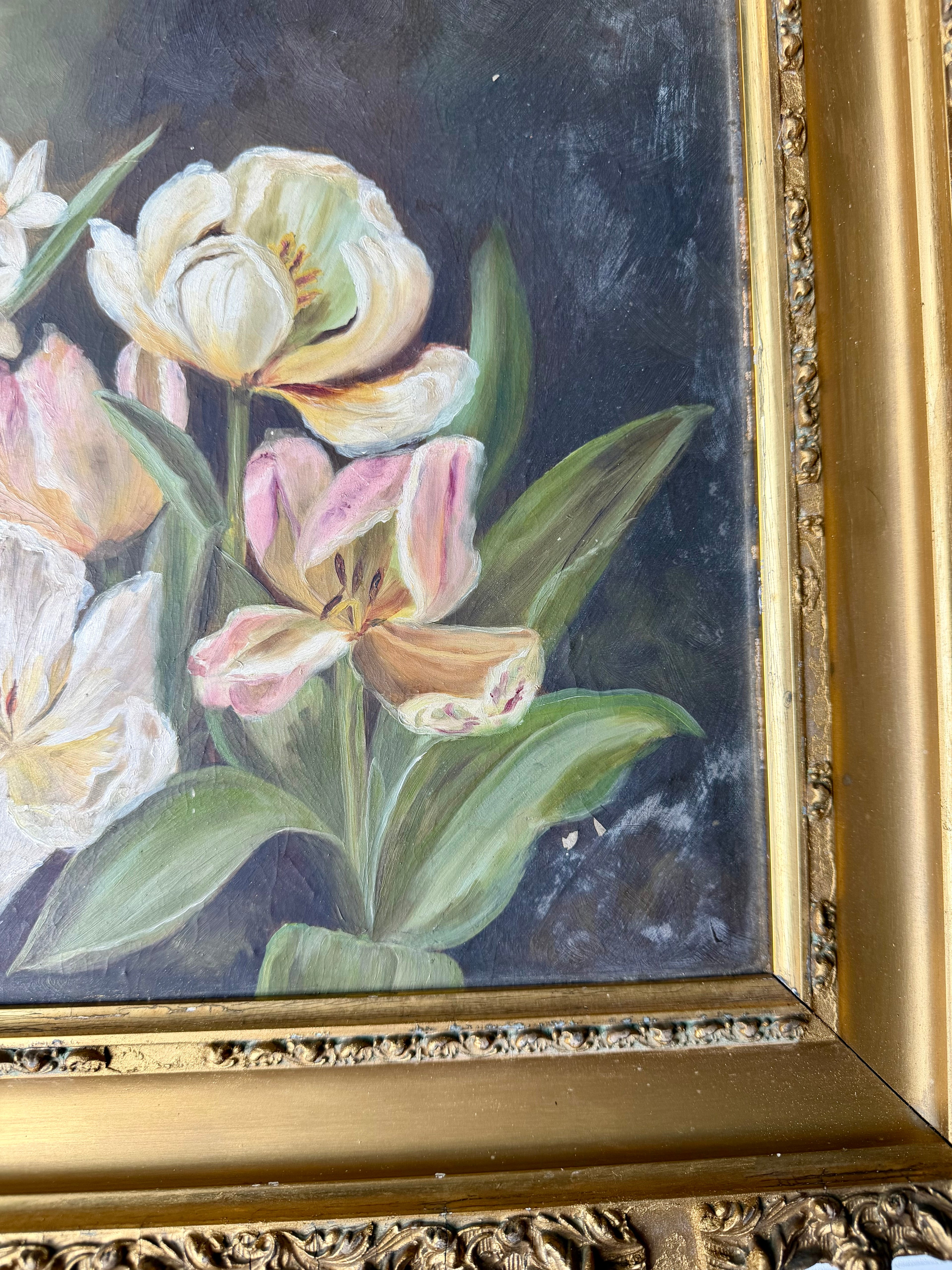 Antique Oil on Board featuring Tulips and Paper Whites