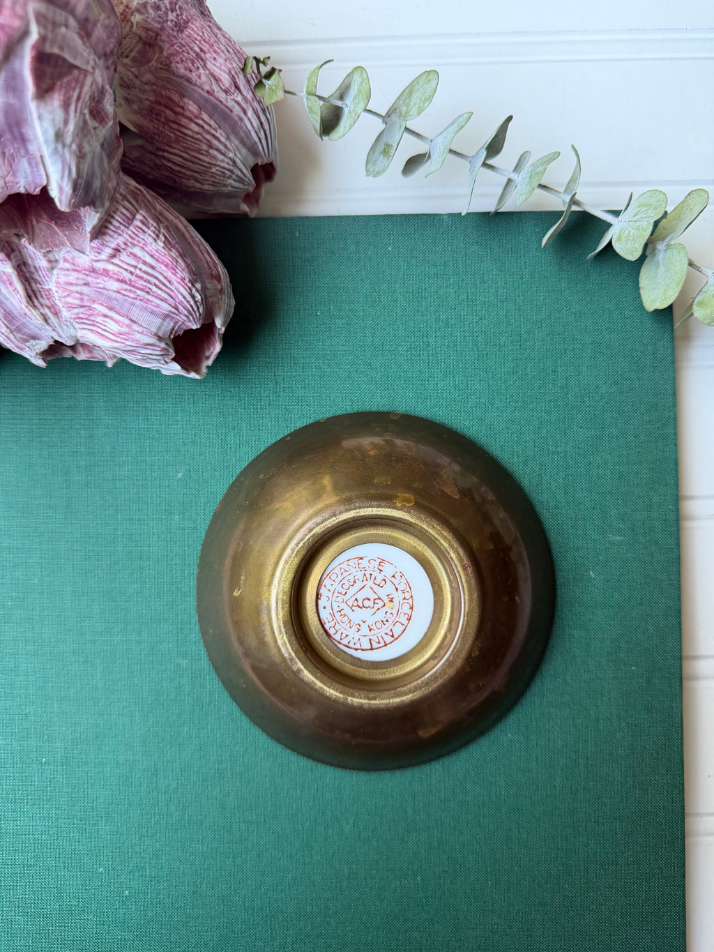 Hand Painted Brass Encased Japanese Porcelain Shell Bowl