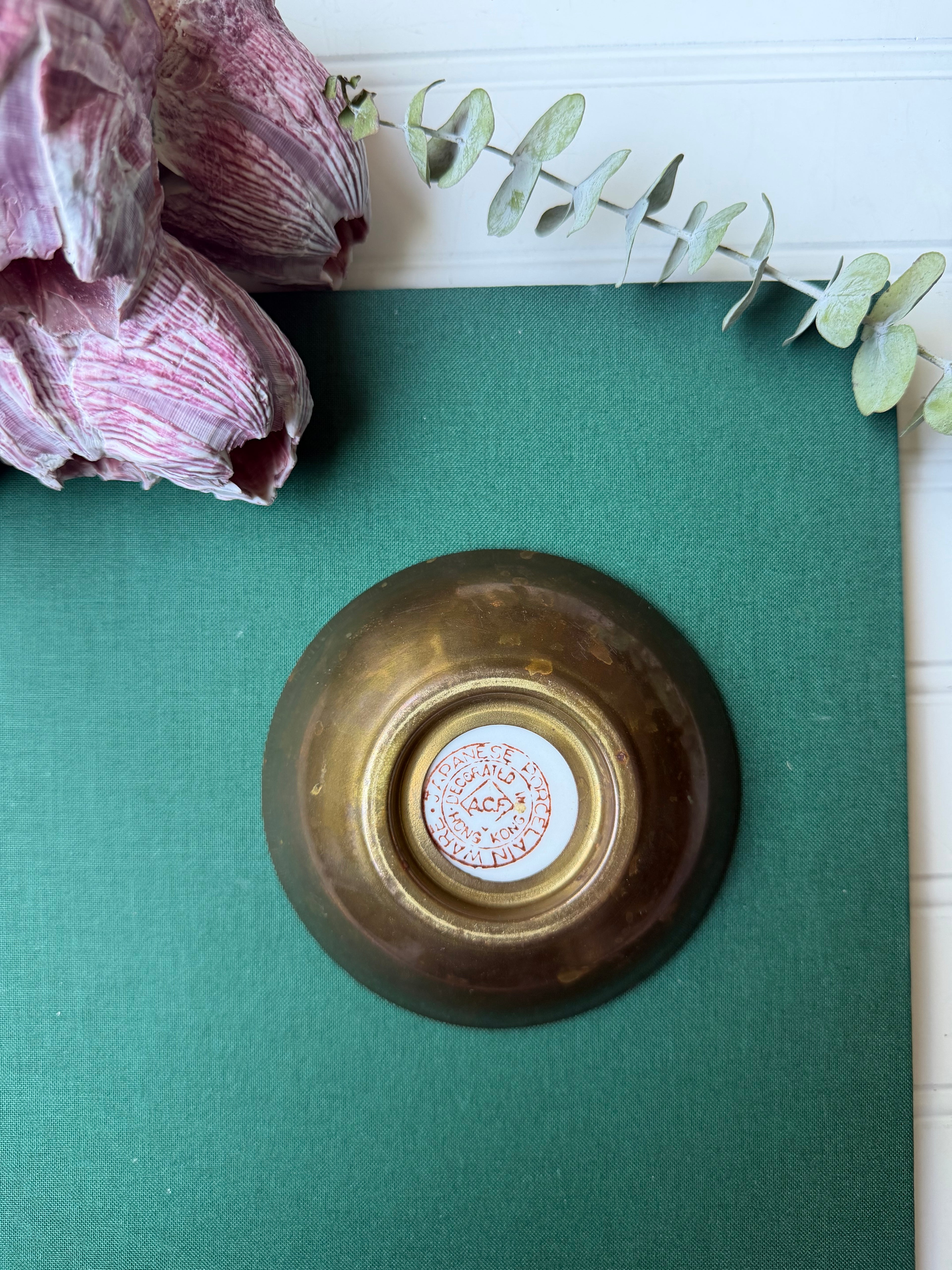 Hand Painted Brass Encased Japanese Porcelain Shell Bowl