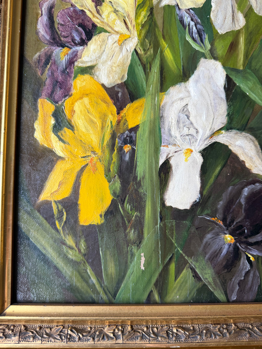 Antique Iris Oil on Canvas in Deep Guilt Frame