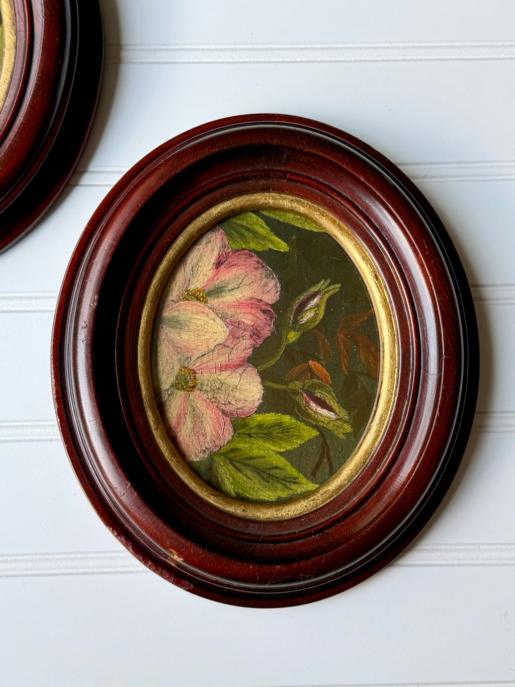 Set of 2 Oval Oil Downsized Floral Paintings