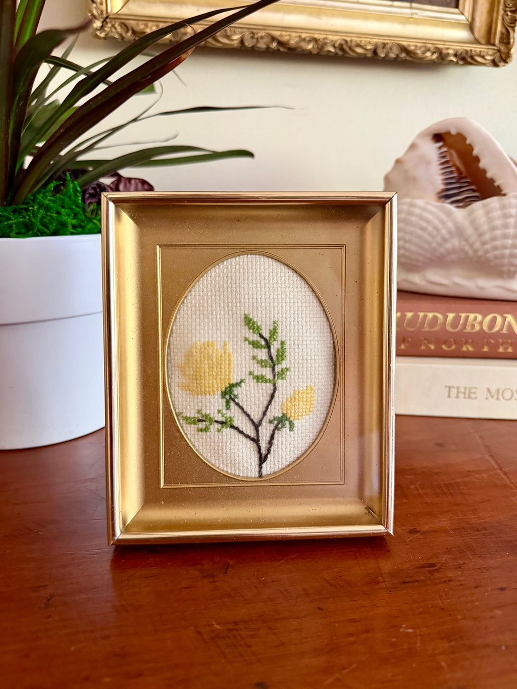 Vintage Needlepoint in Brass Frame