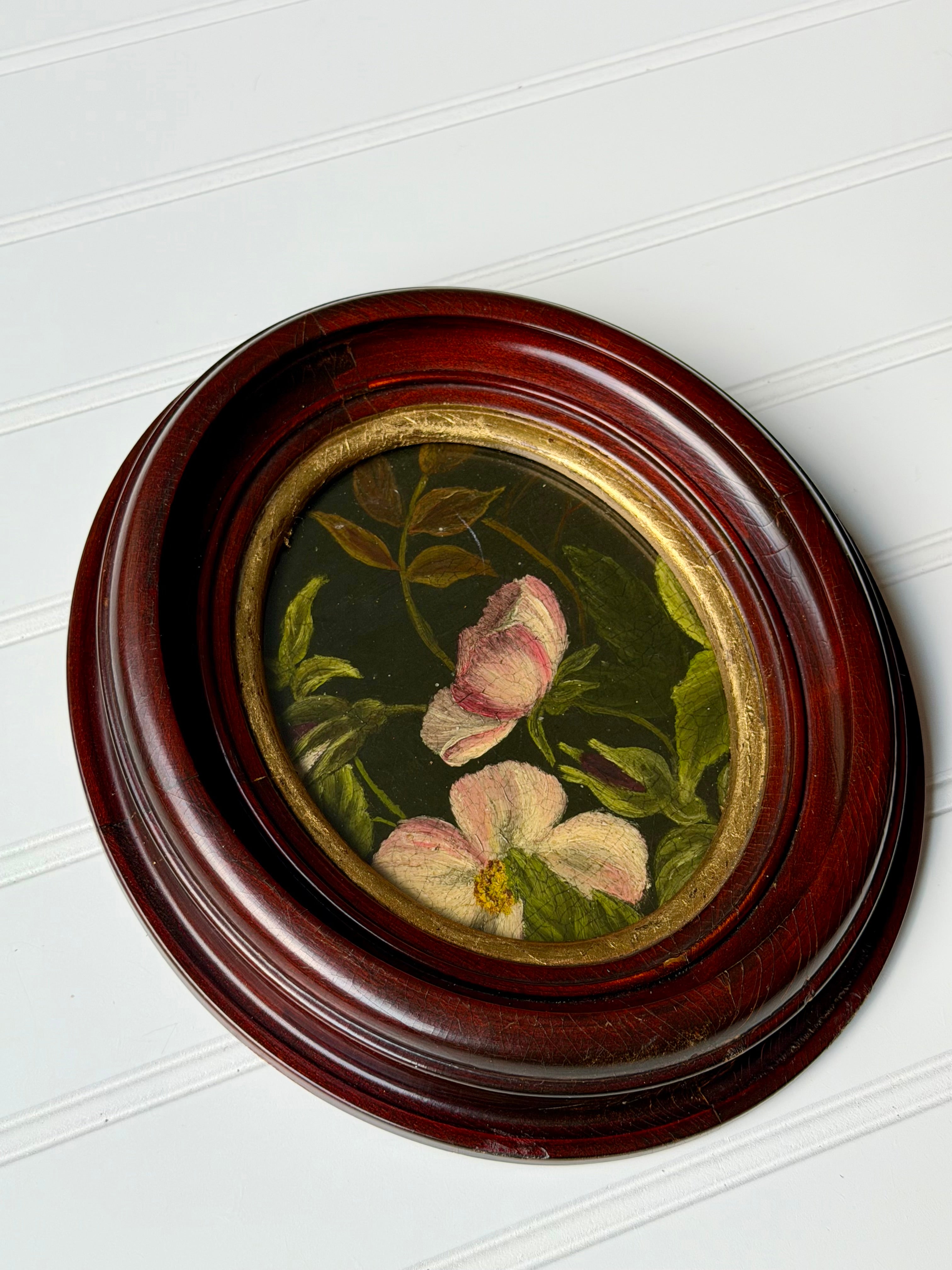Set of 2 Oval Oil Downsized Floral Paintings