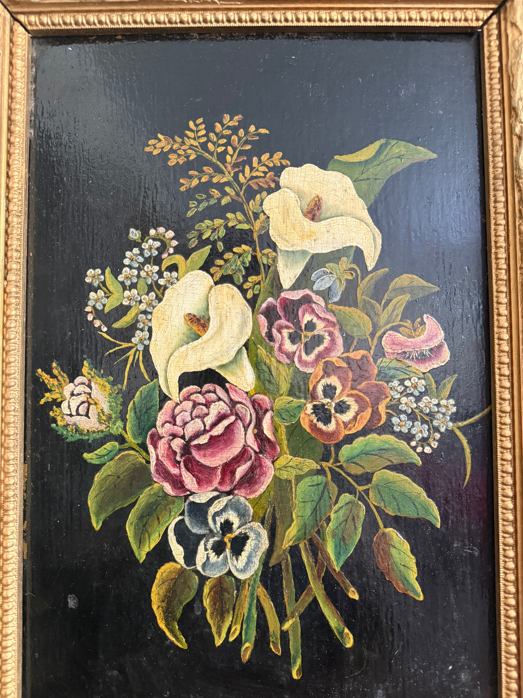 Antique Floral Painting on Wood with Lillies