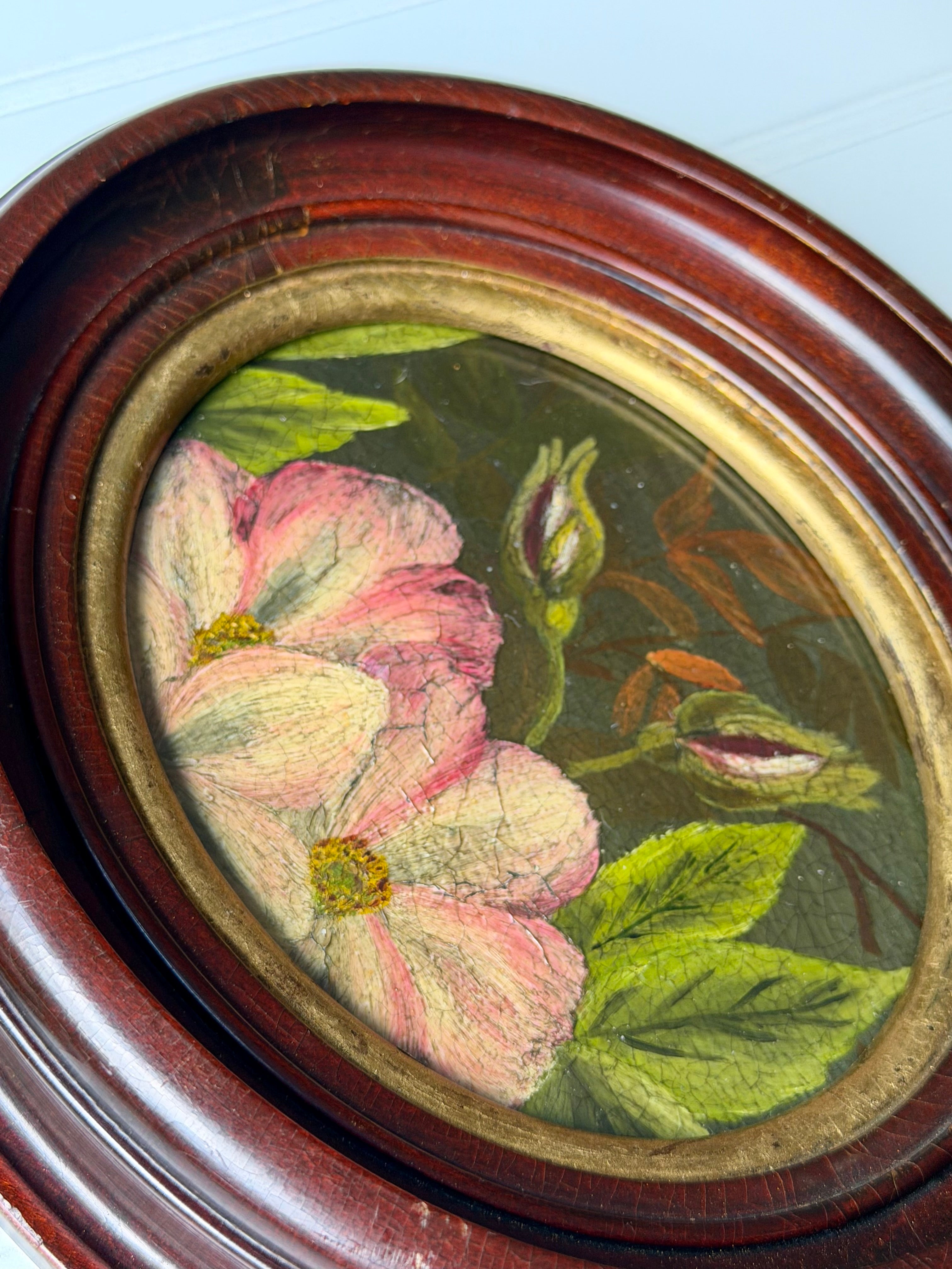 Set of 2 Oval Oil Downsized Floral Paintings