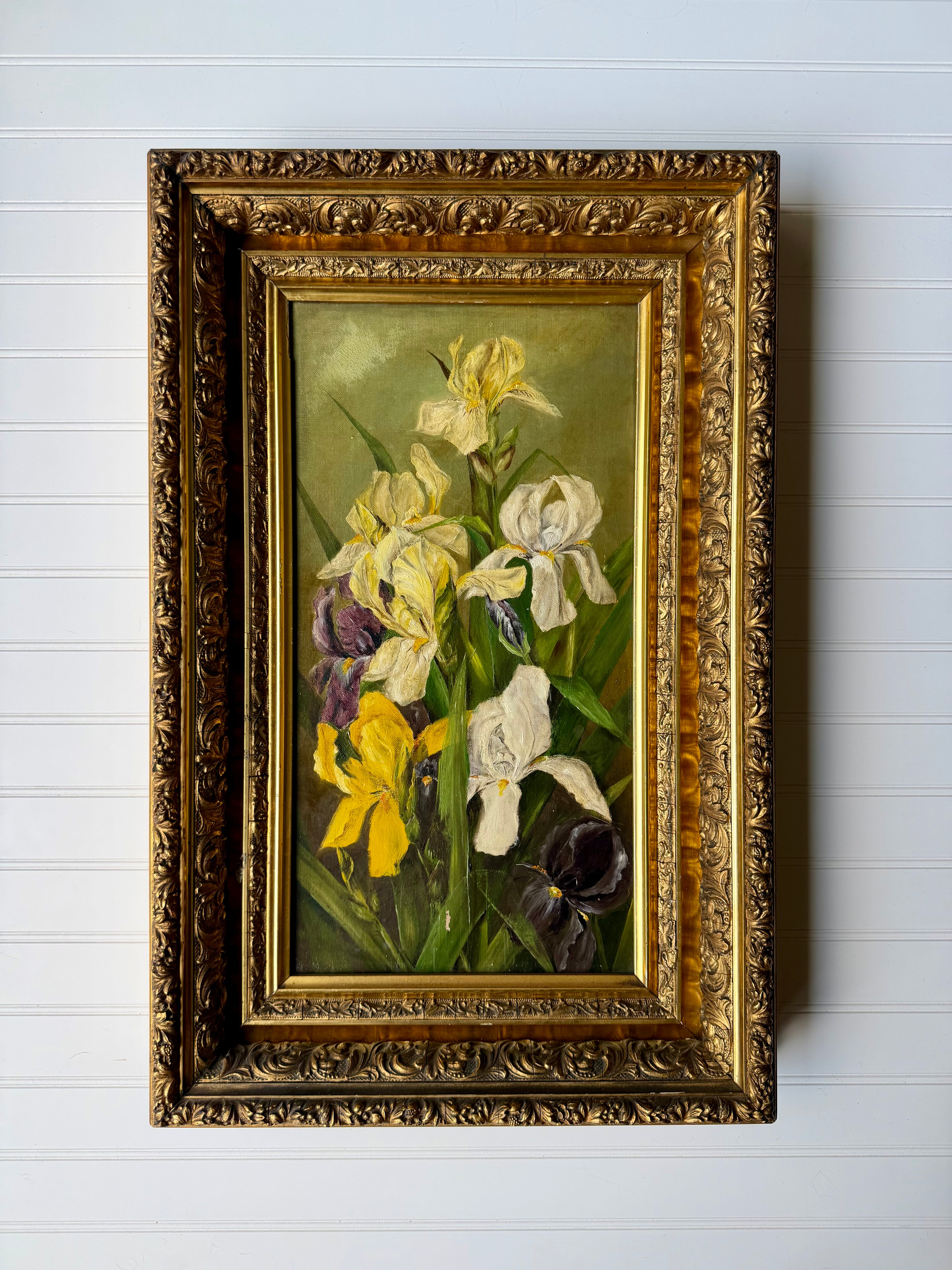 Antique Iris Oil on Canvas in Deep Guilt Frame