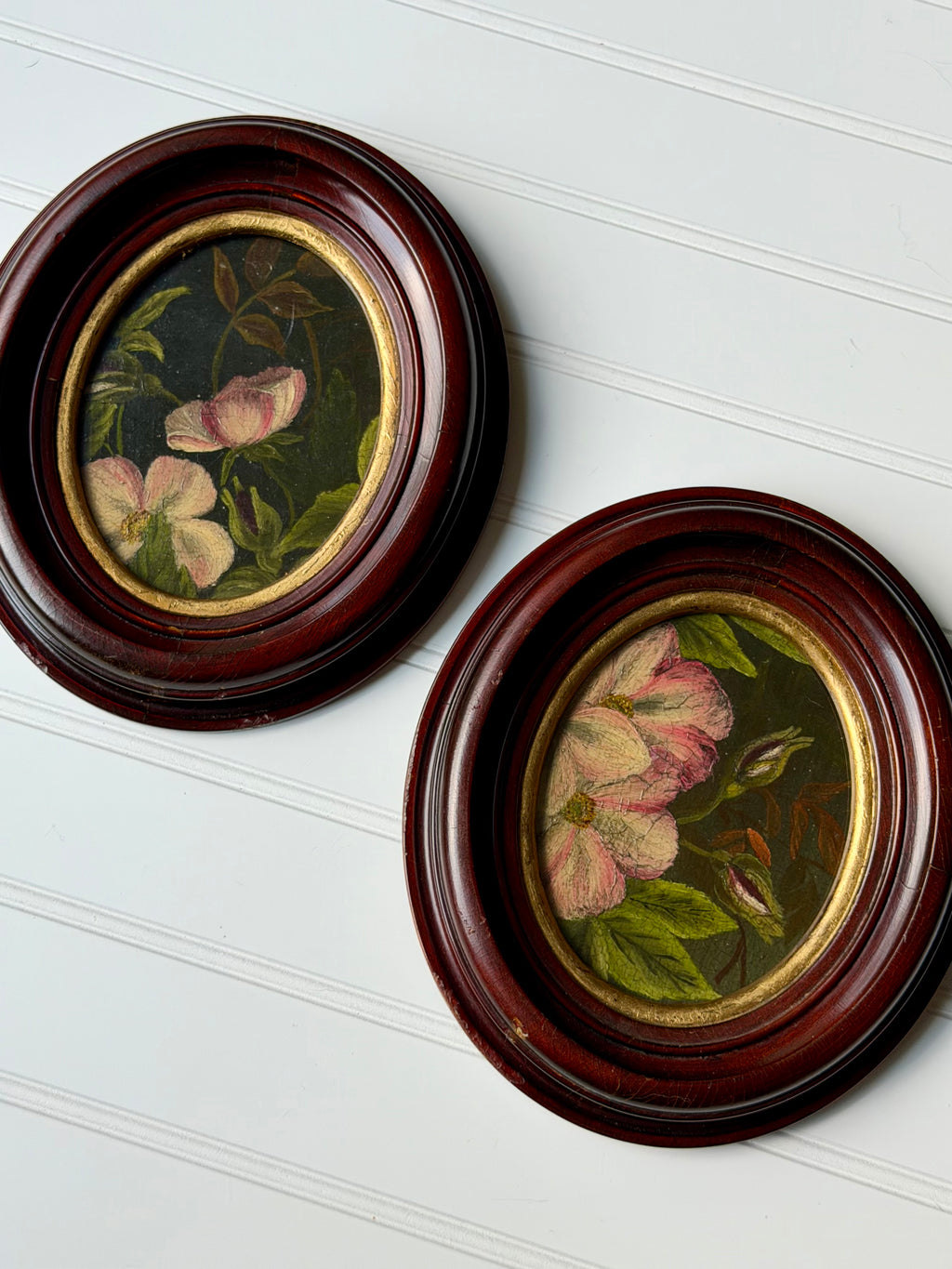 Set of 2 Oval Oil Downsized Floral Paintings