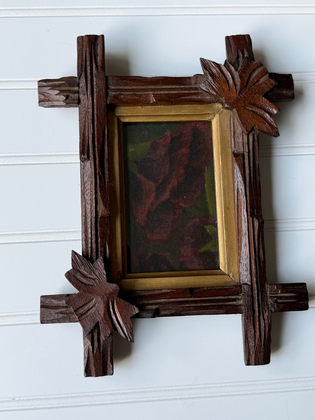 Antique Downsized Burgundy Rose Oil in Black Forest Frame