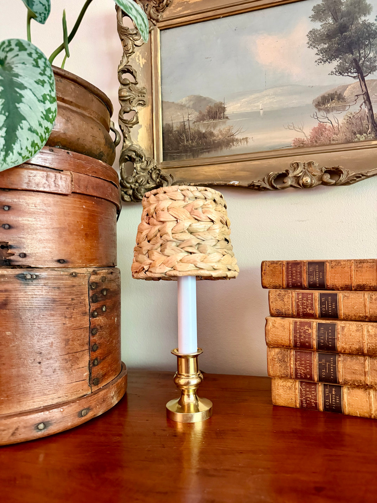 Brass Candle Lamp with Seagrass Shade