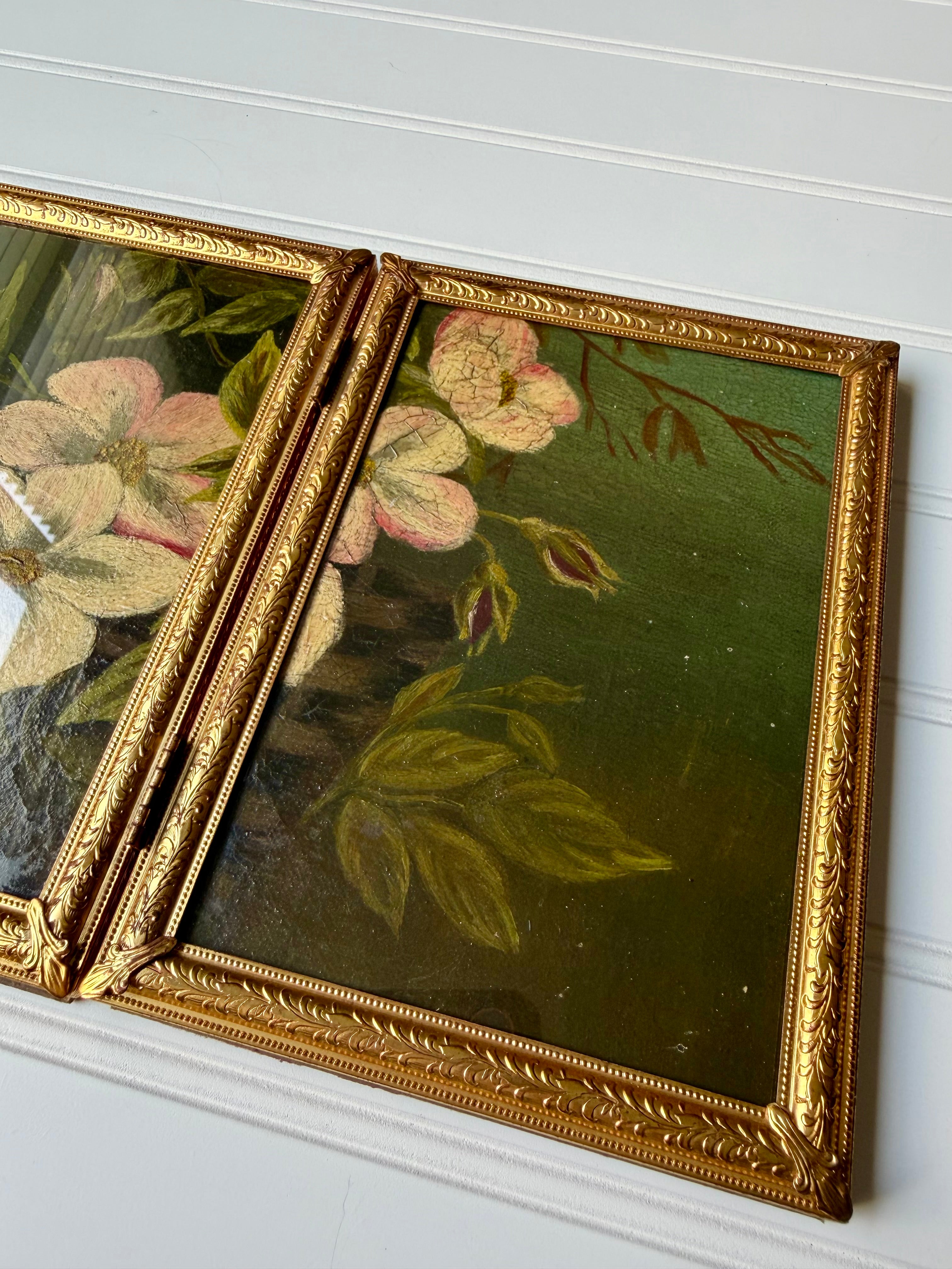 Antique Floral “Diptych Style” Oil in Brass Folding Frame