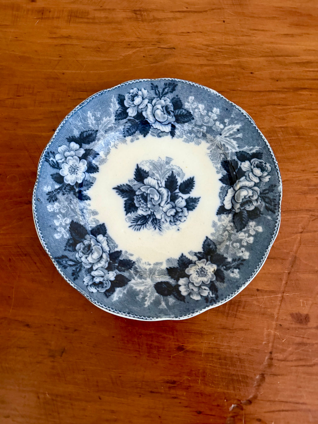 Antique Flow Blue and White Rose Plate