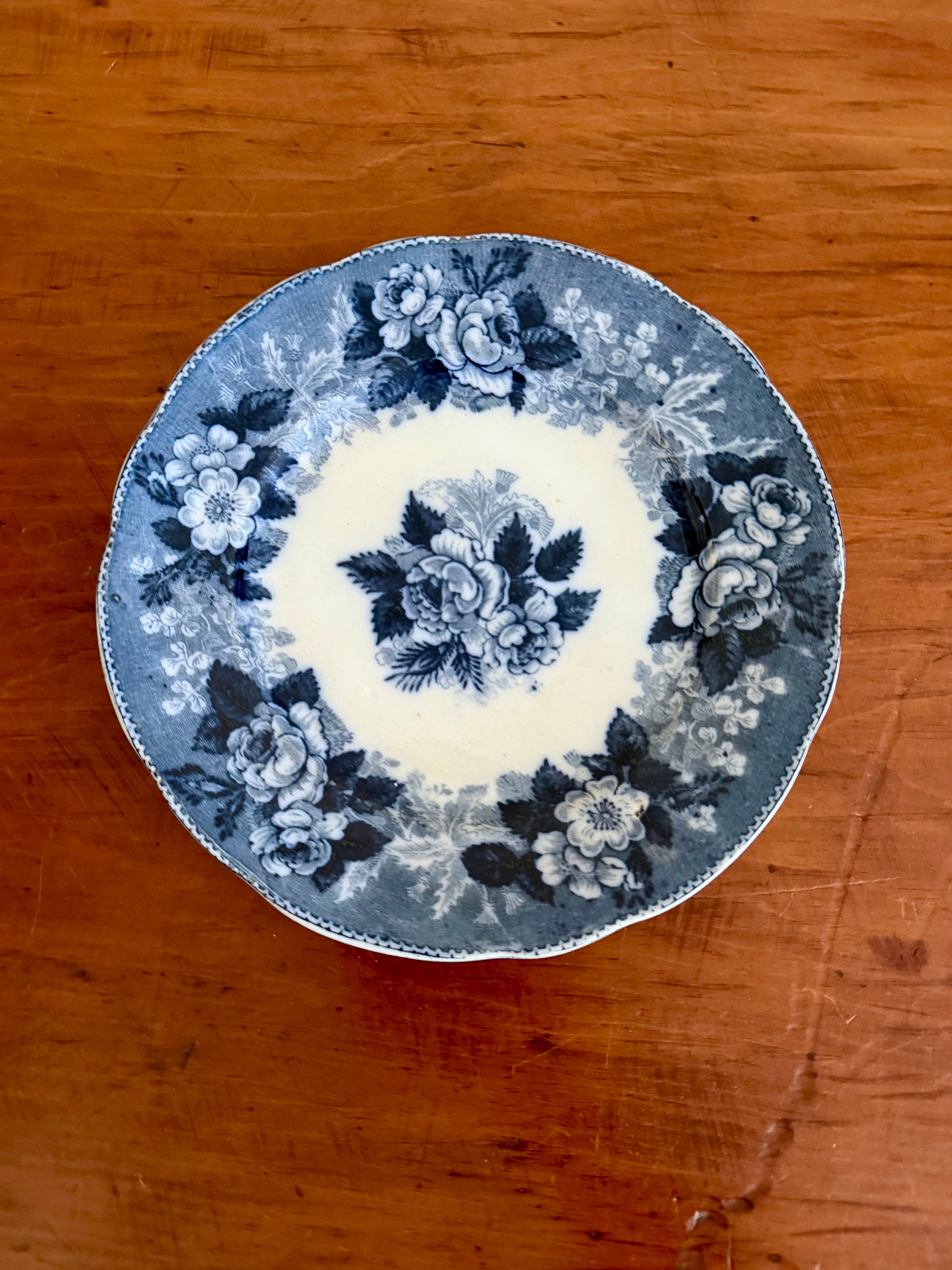 Antique Flow Blue and White Rose Plate