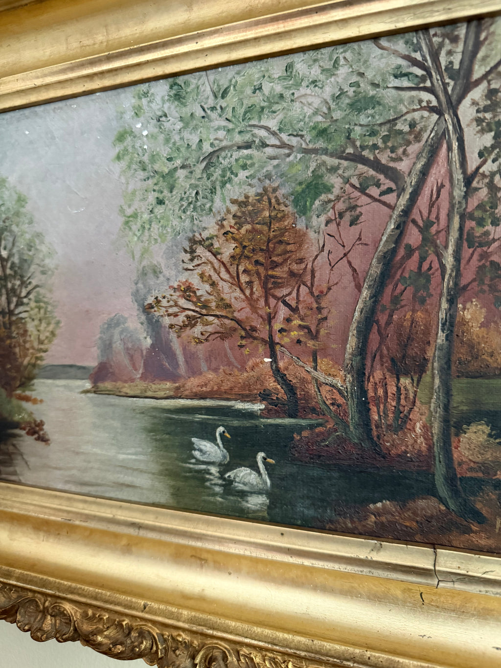 Antique River Swan Oil Painting