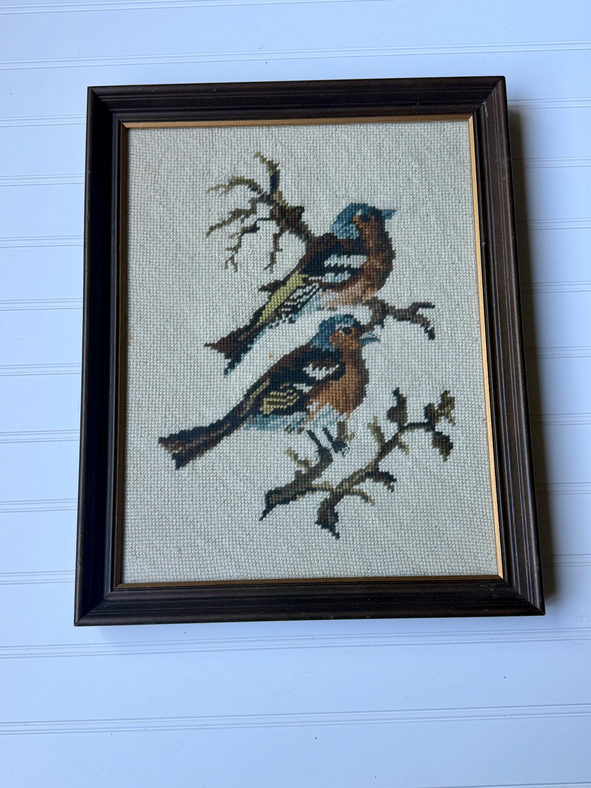 Framed Vintage Hand-Stitched Bird Needlepoint