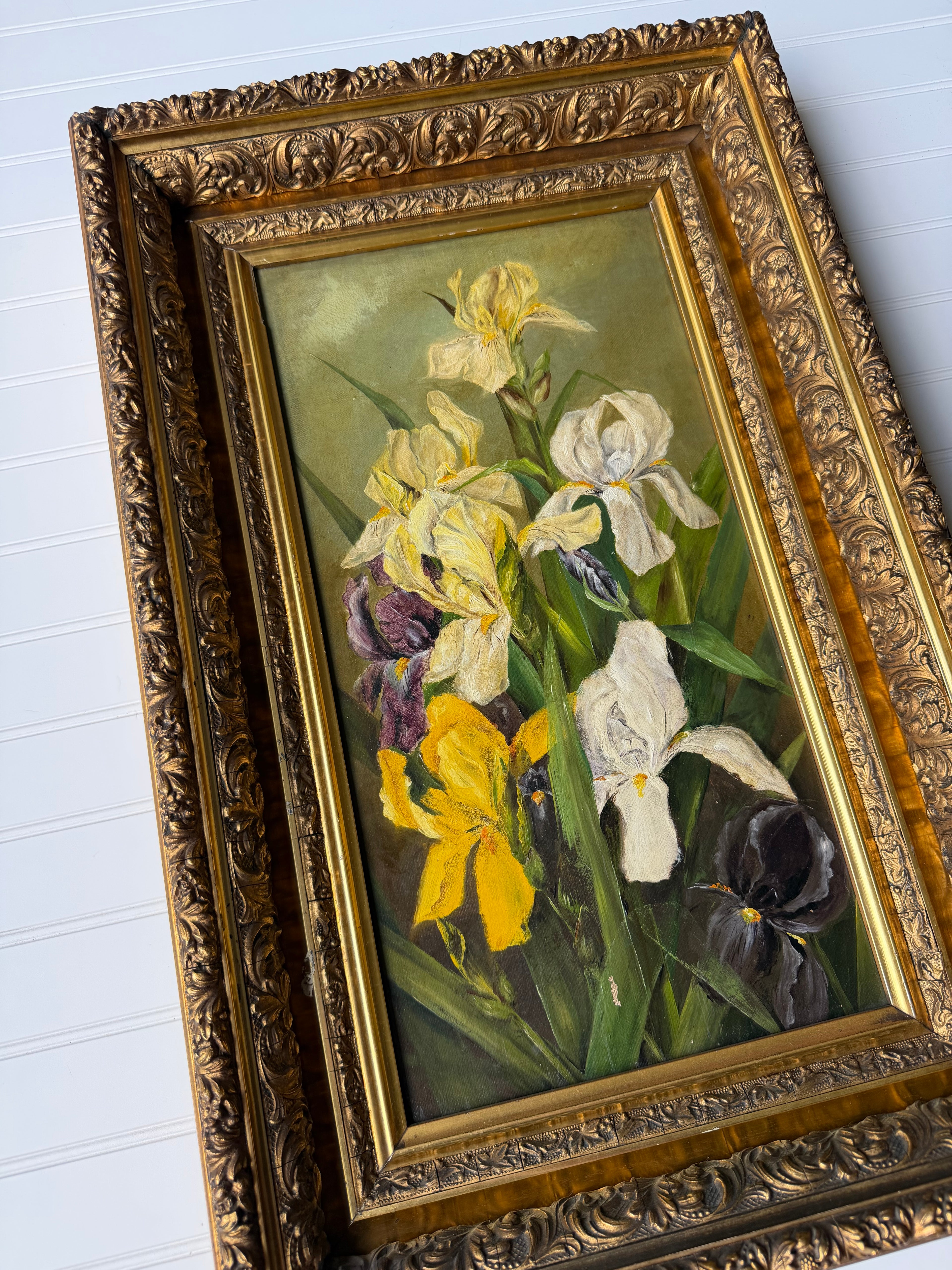 Antique Iris Oil on Canvas in Deep Guilt Frame