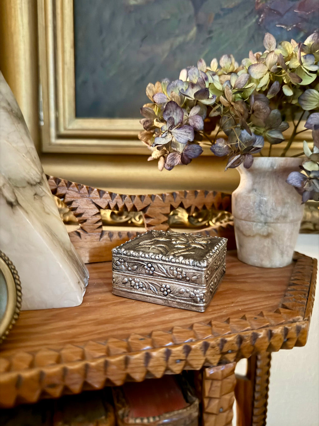 Antique Sterling Silver Floral Dresser Box with Lid Mirror