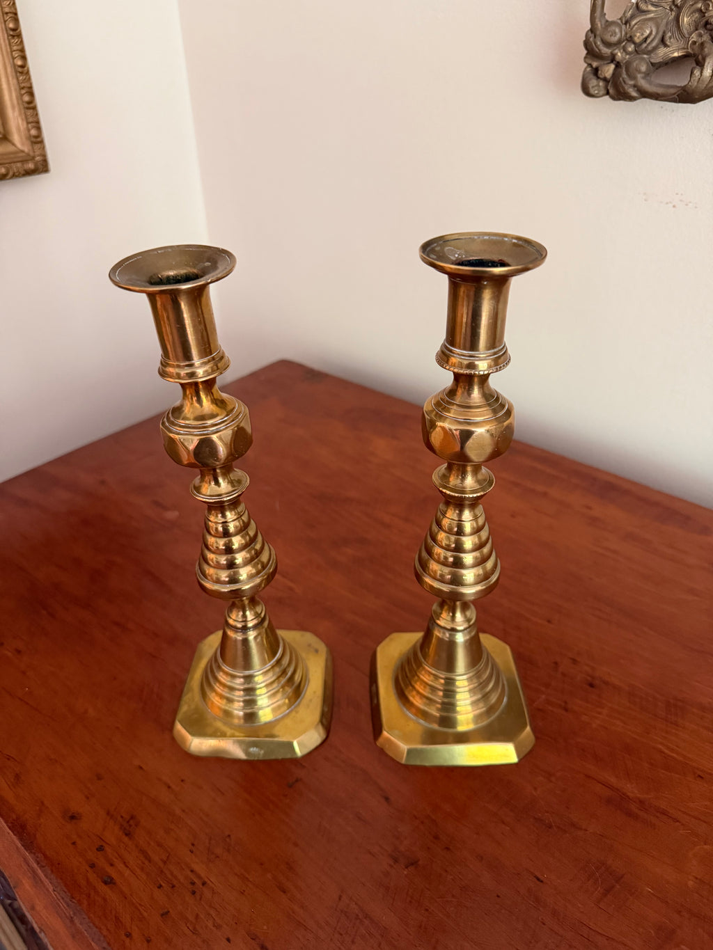 Set of 2 Antique Brass English Candle Holders