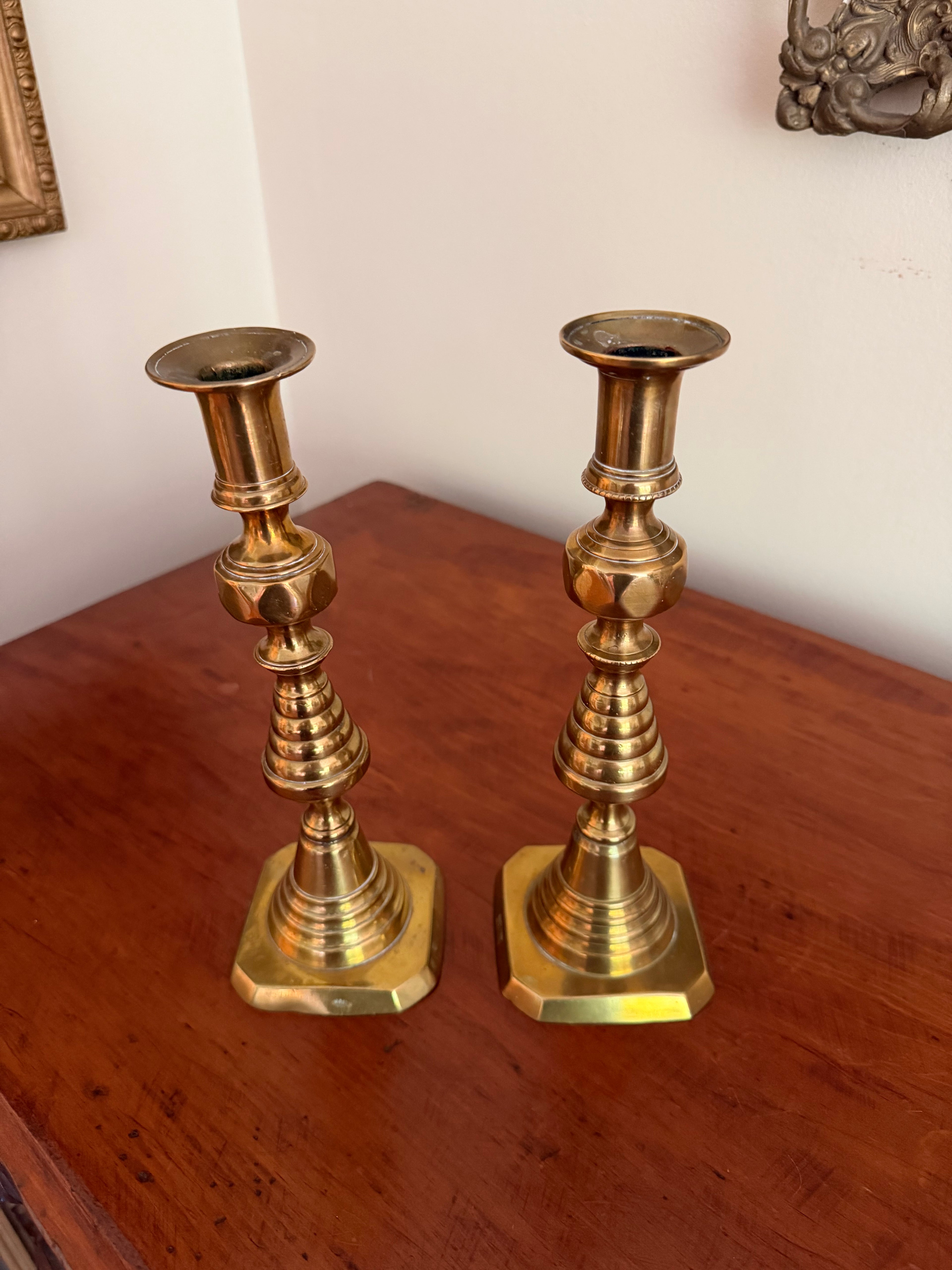 Set of 2 Antique Brass English Candle Holders