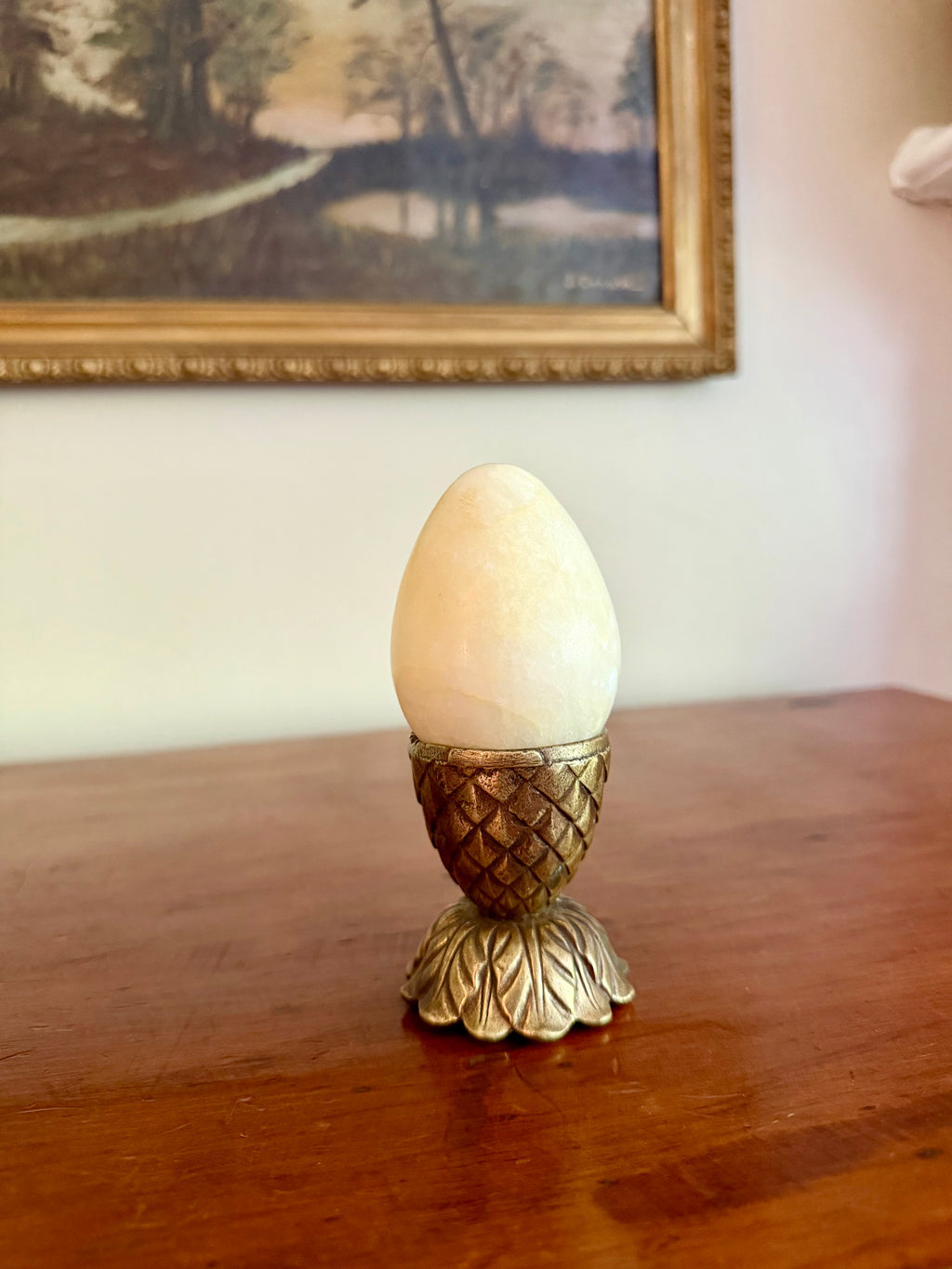 Soft Yellow Alabaster Egg w/ Brass Stand