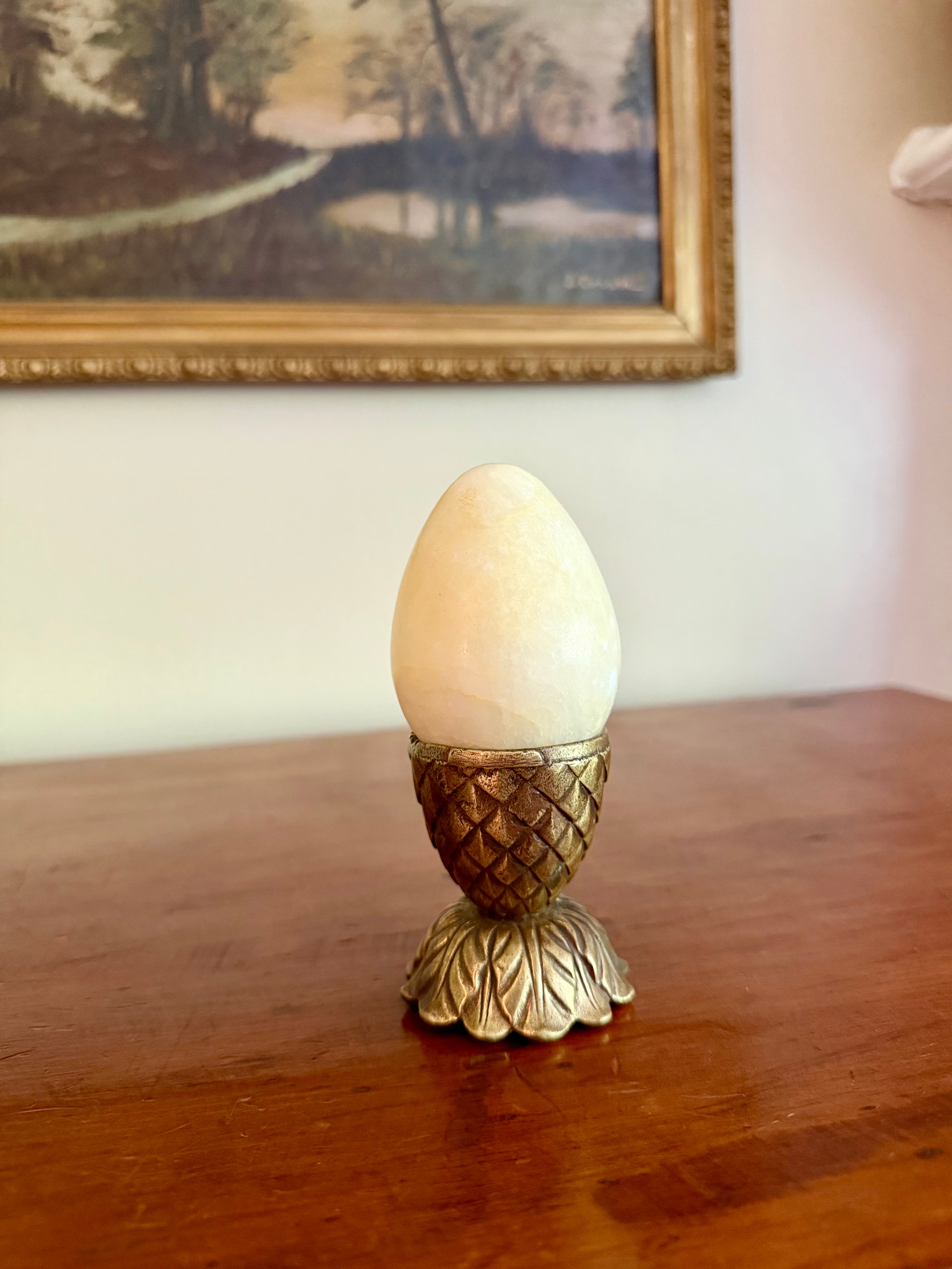 Soft Yellow Alabaster Egg w/ Brass Stand