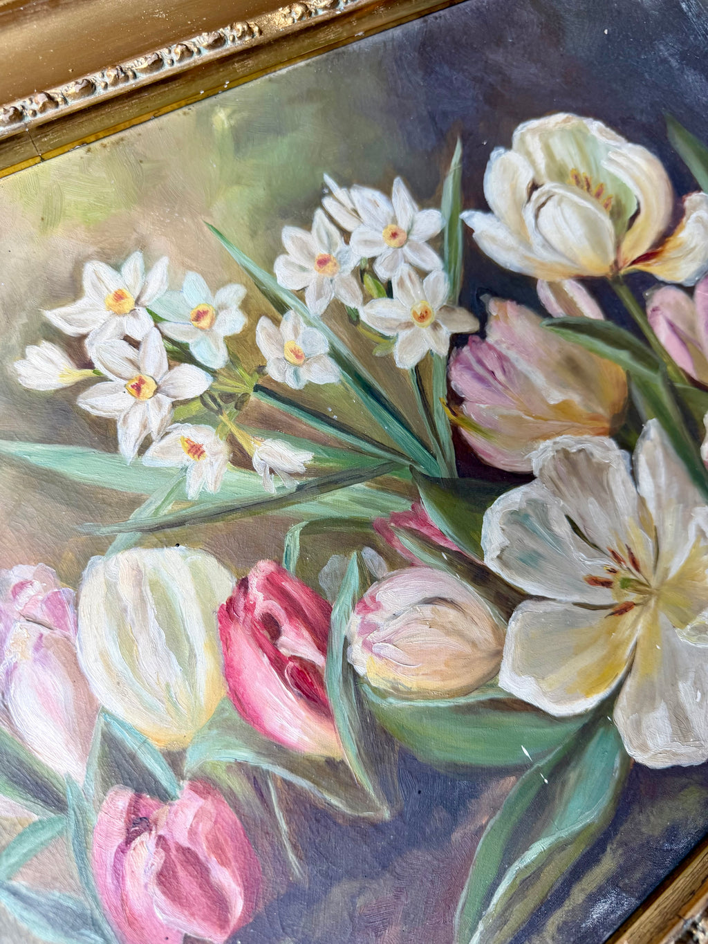Antique Oil on Board featuring Tulips and Paper Whites