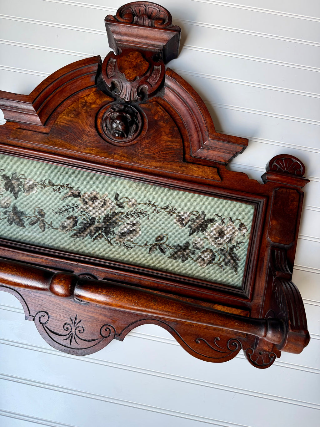Victorian Towel Rack with Bead Work and Lion Head