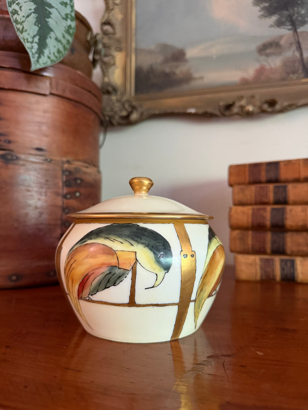 Hand-Painted Limoges Porcelain Lidded Sugar Bowl / Bonbonnière with Parrot Motif