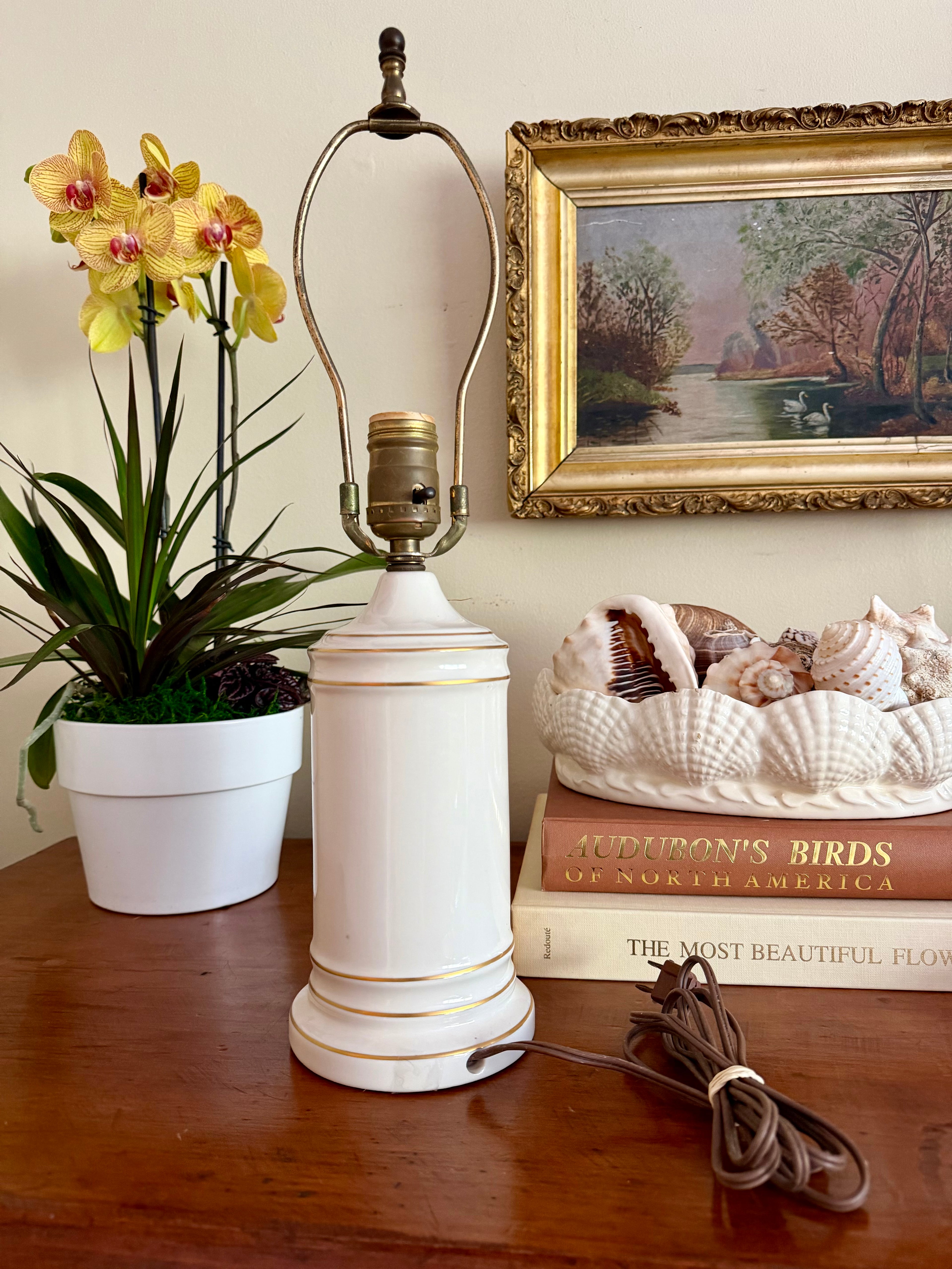 Vintage Botanical Porcelain Lamp with Humming Bird