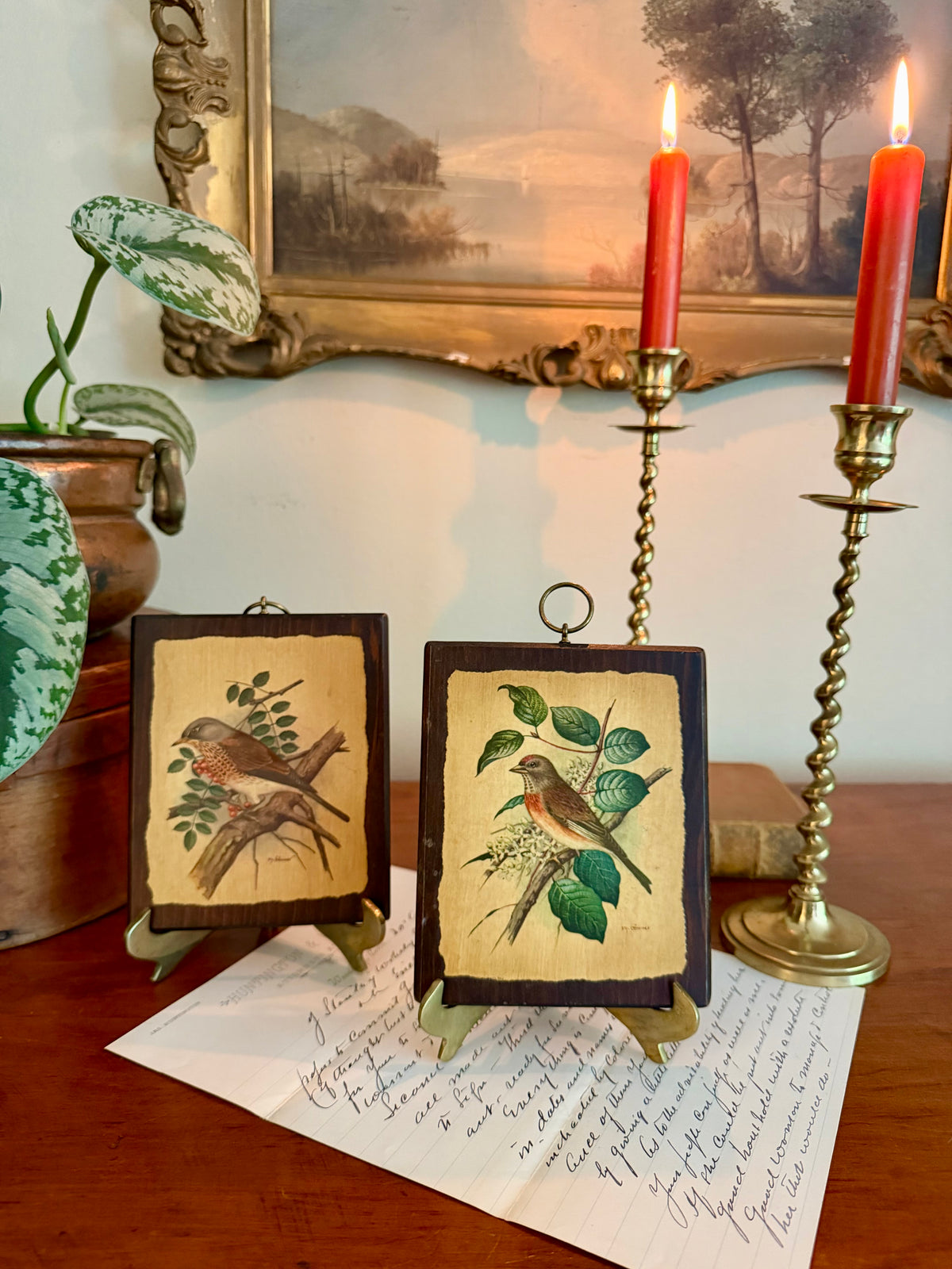 P.H. Gonner Birds on Wood Plaque w/ Brass Wall Hangers