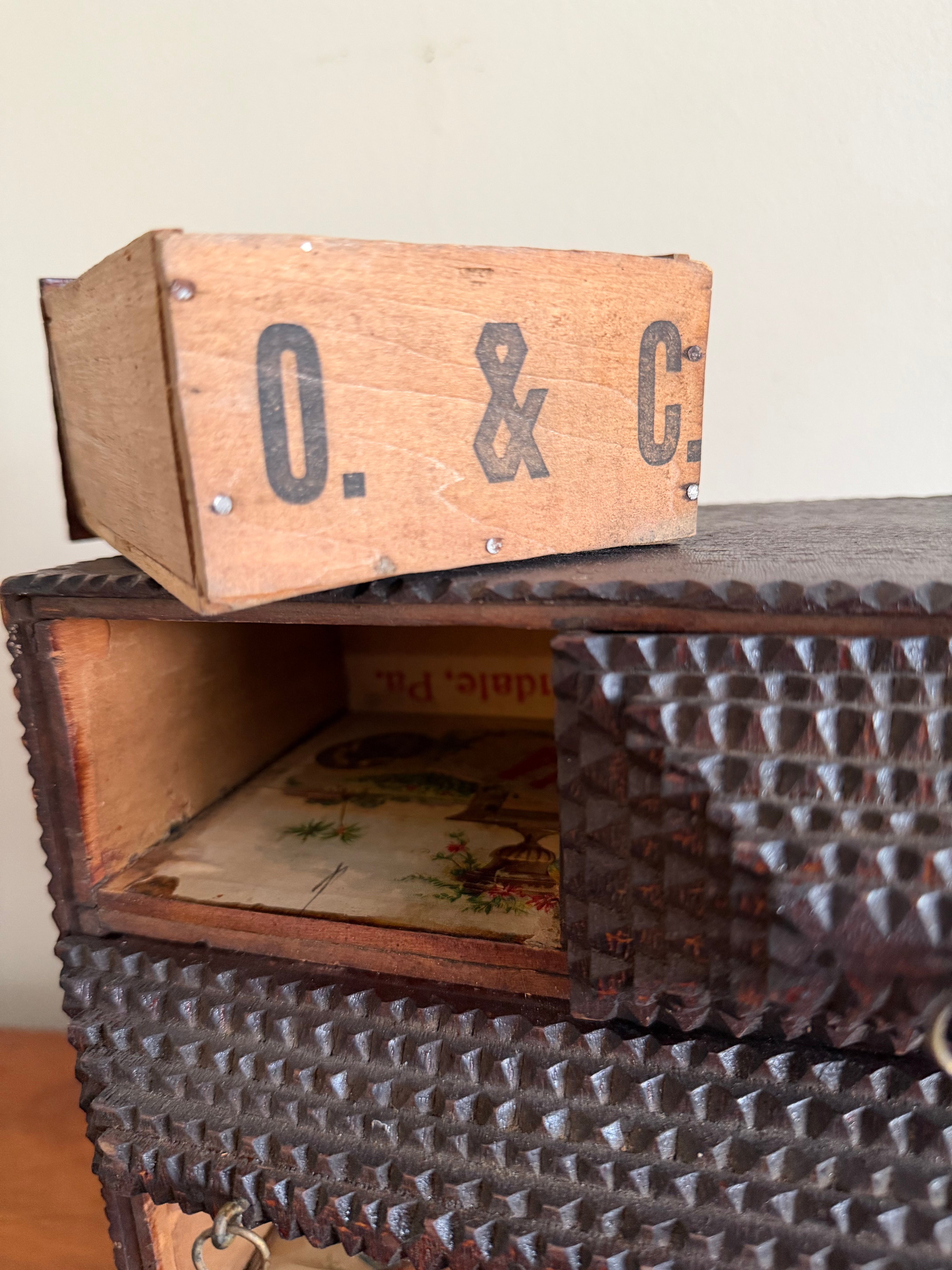 Antique Table Top Tramp Art Box